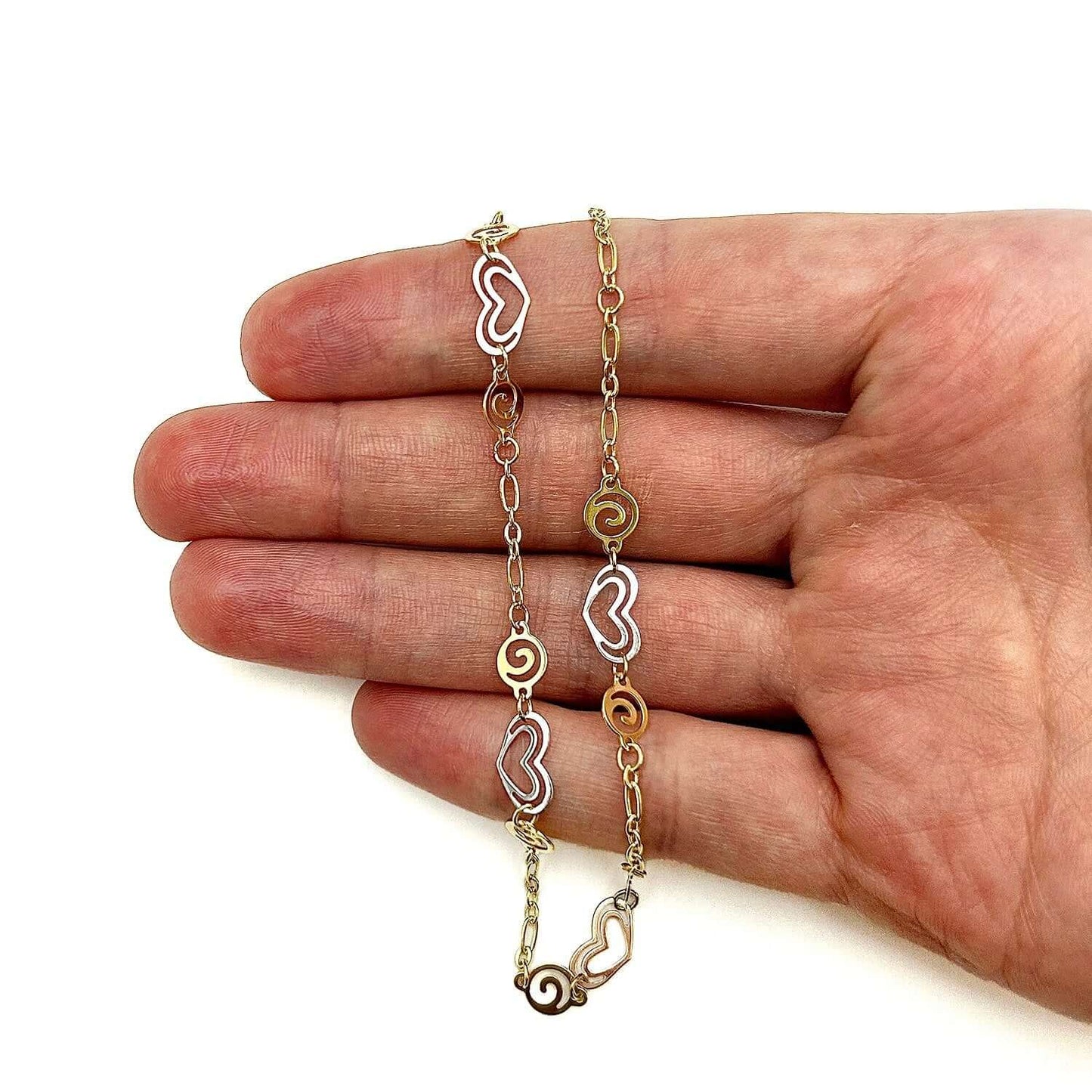 14K Gold Tri-Color Yellow Rose White Hearts Swirl Anklet Bracelet 10"