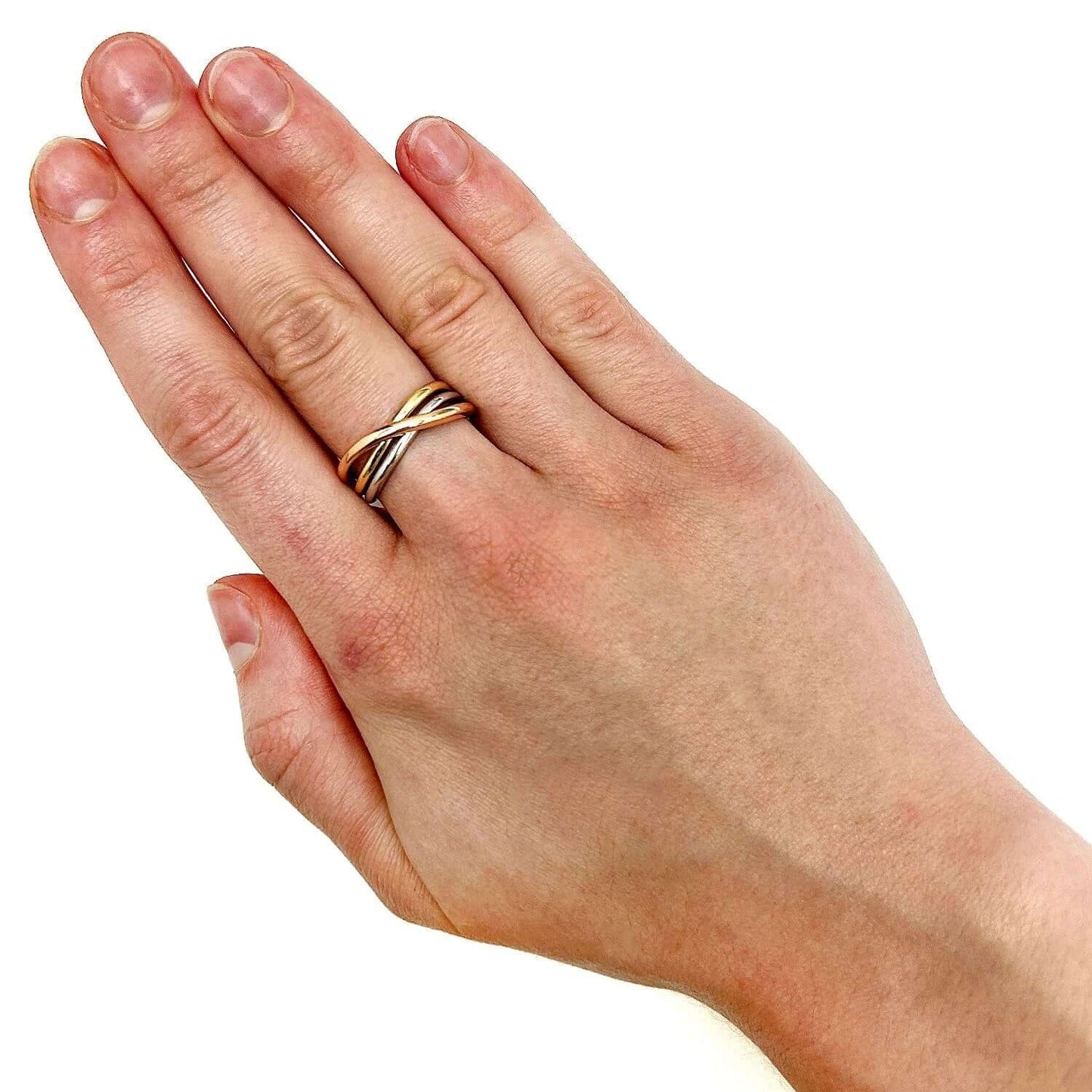 14K Gold Tri-Color Yellow White Rose Crossover Trinity Stackable Ring