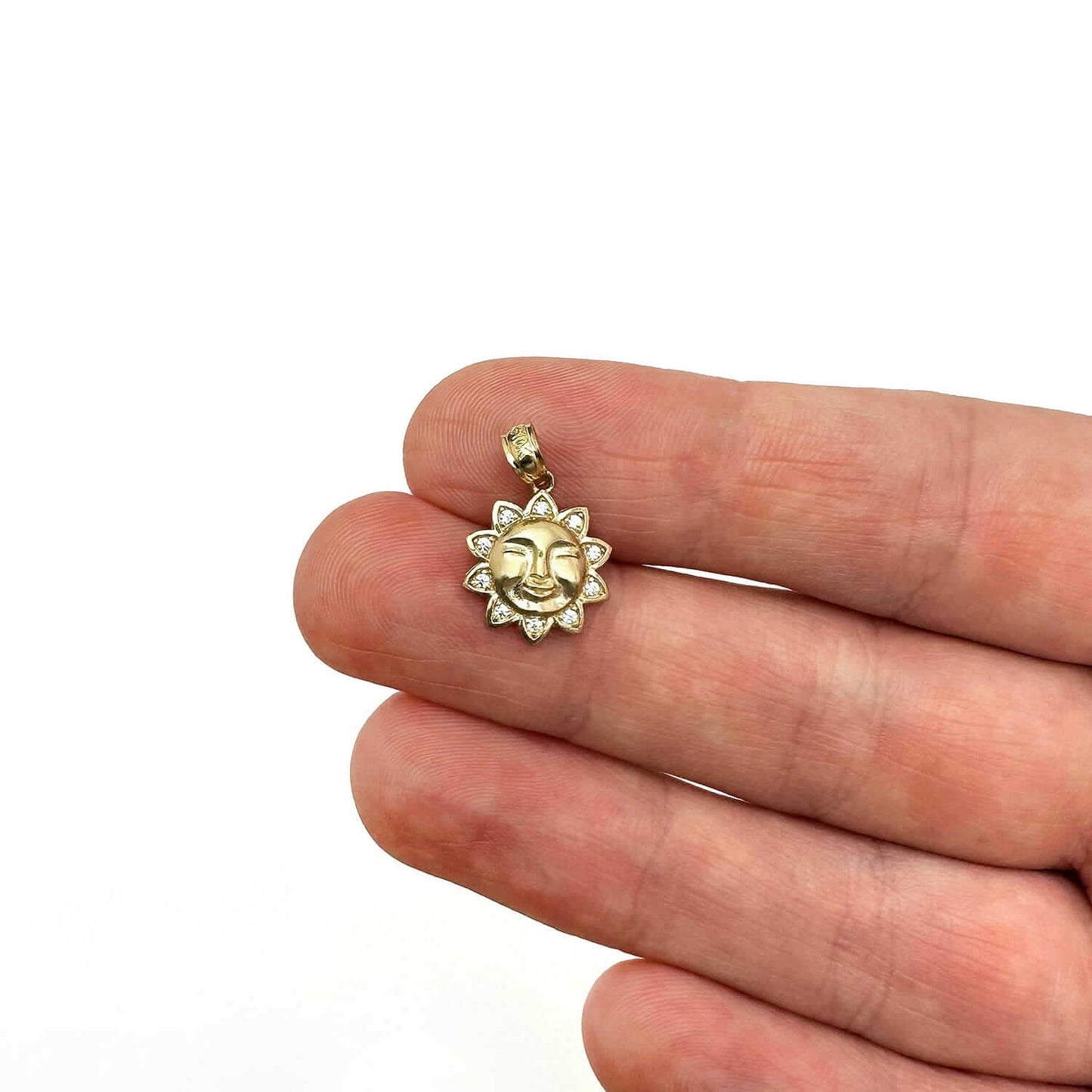 10K Real Gold 0.05CTW CZ Smiling Sun Face Pendant 0.7"