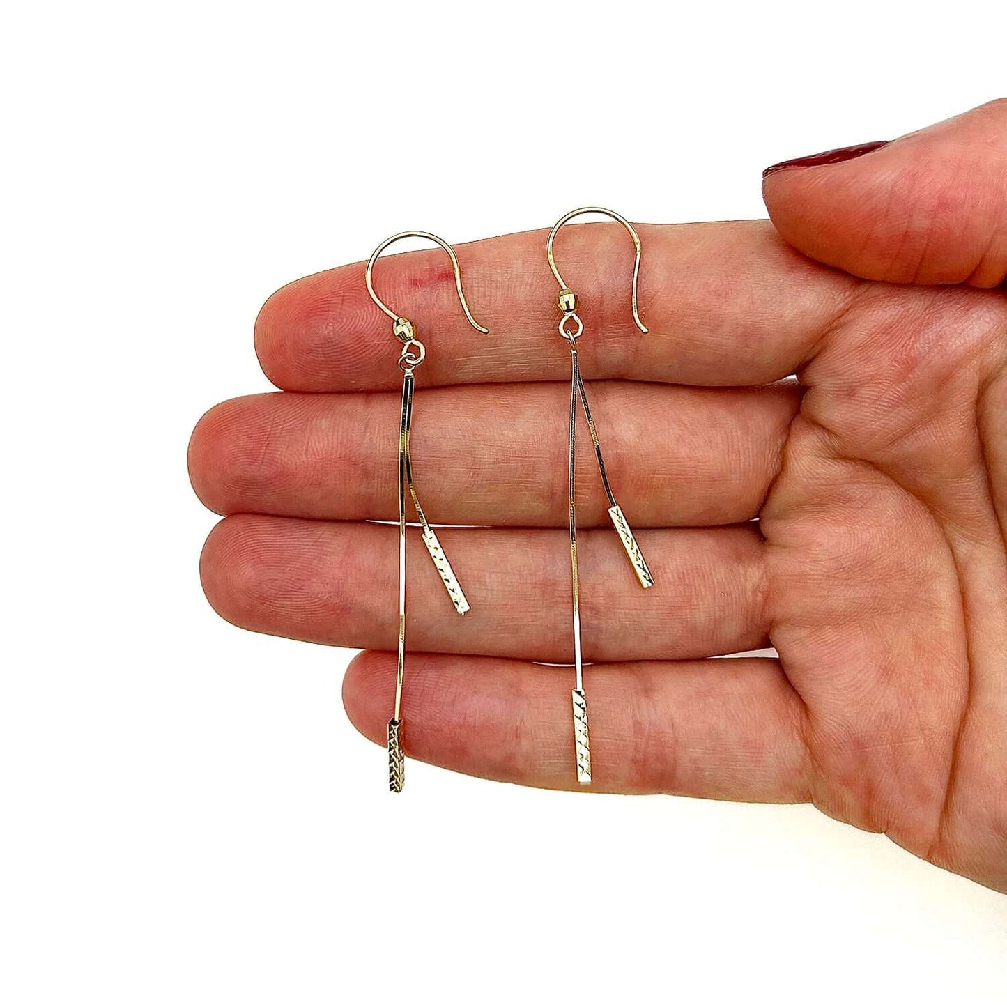 14K Gold Diamond-Cut Double Bar Linear Drop Down Ear Wire Earrings 66mm
