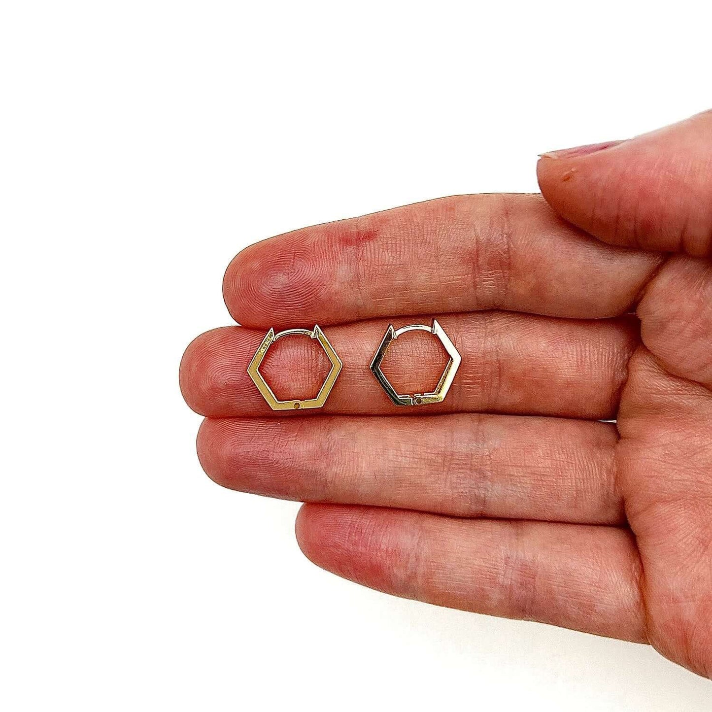 14K Gold Hexagon Honeycomb Huggie Hoop Earrings 13mm