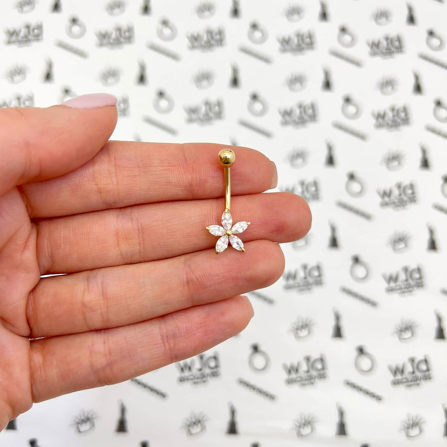 14K Real Gold White CZ Flower Belly Navel Ring 1"