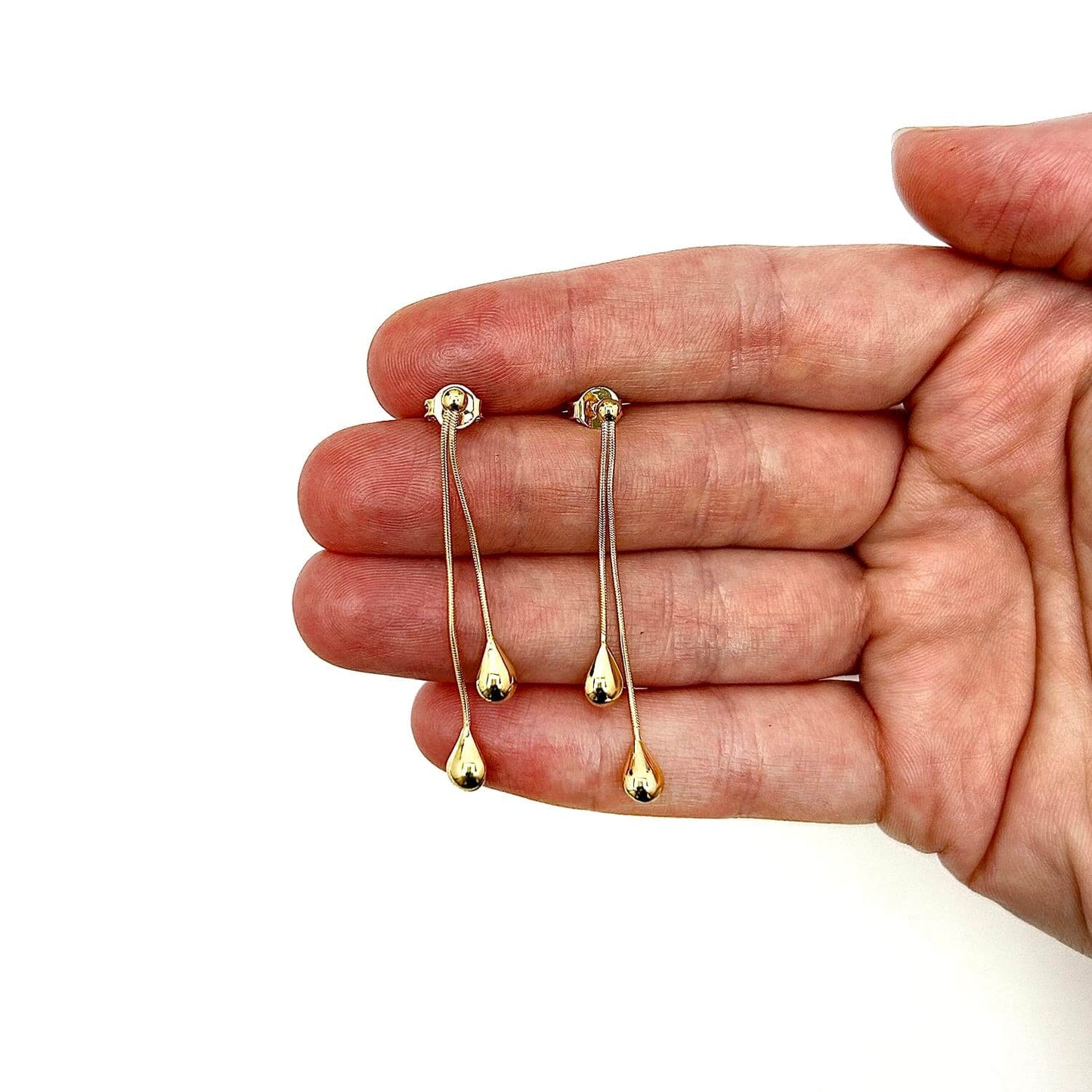 14K Real Gold Polished Double Teardrop Drop Flexible Earrings 55mm