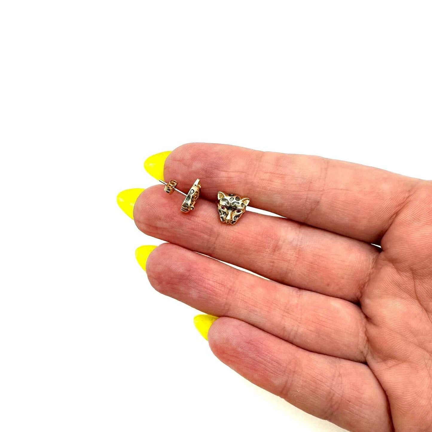 14K Real Gold CZ Ruby Eyes Leopard Stud Earrings 8.5mm