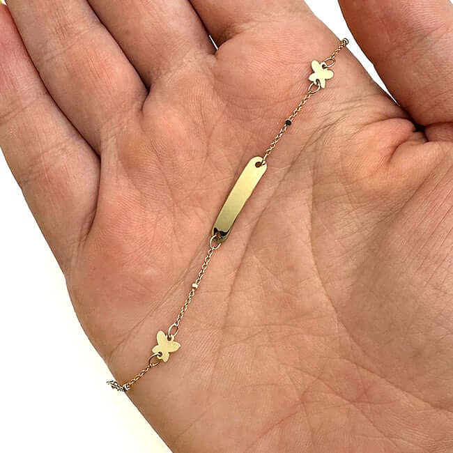 Kid's 14K Real Gold Engravable ID Bar Butterfly Bracelet 4.75"-5.5" Adjustable