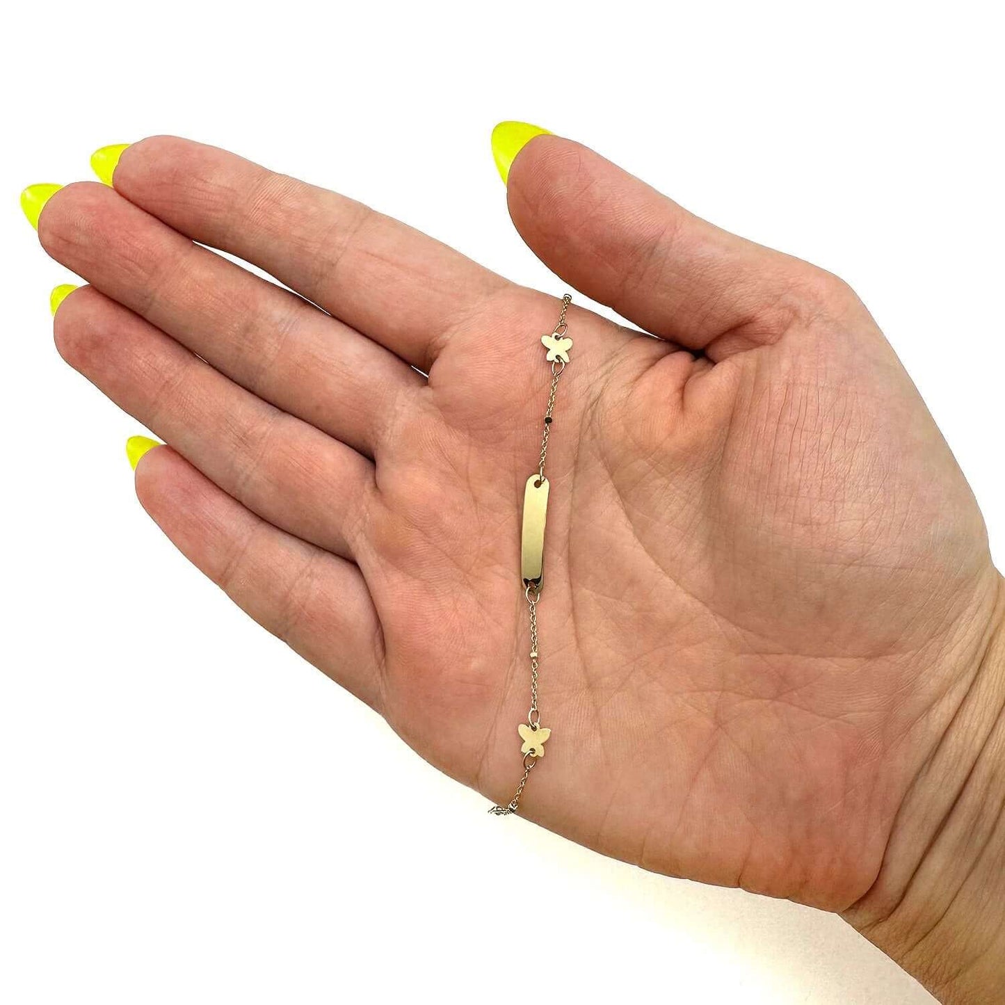 Kid's 14K Real Gold Engravable ID Bar Butterfly Bracelet 4.75"-5.5" Adjustable