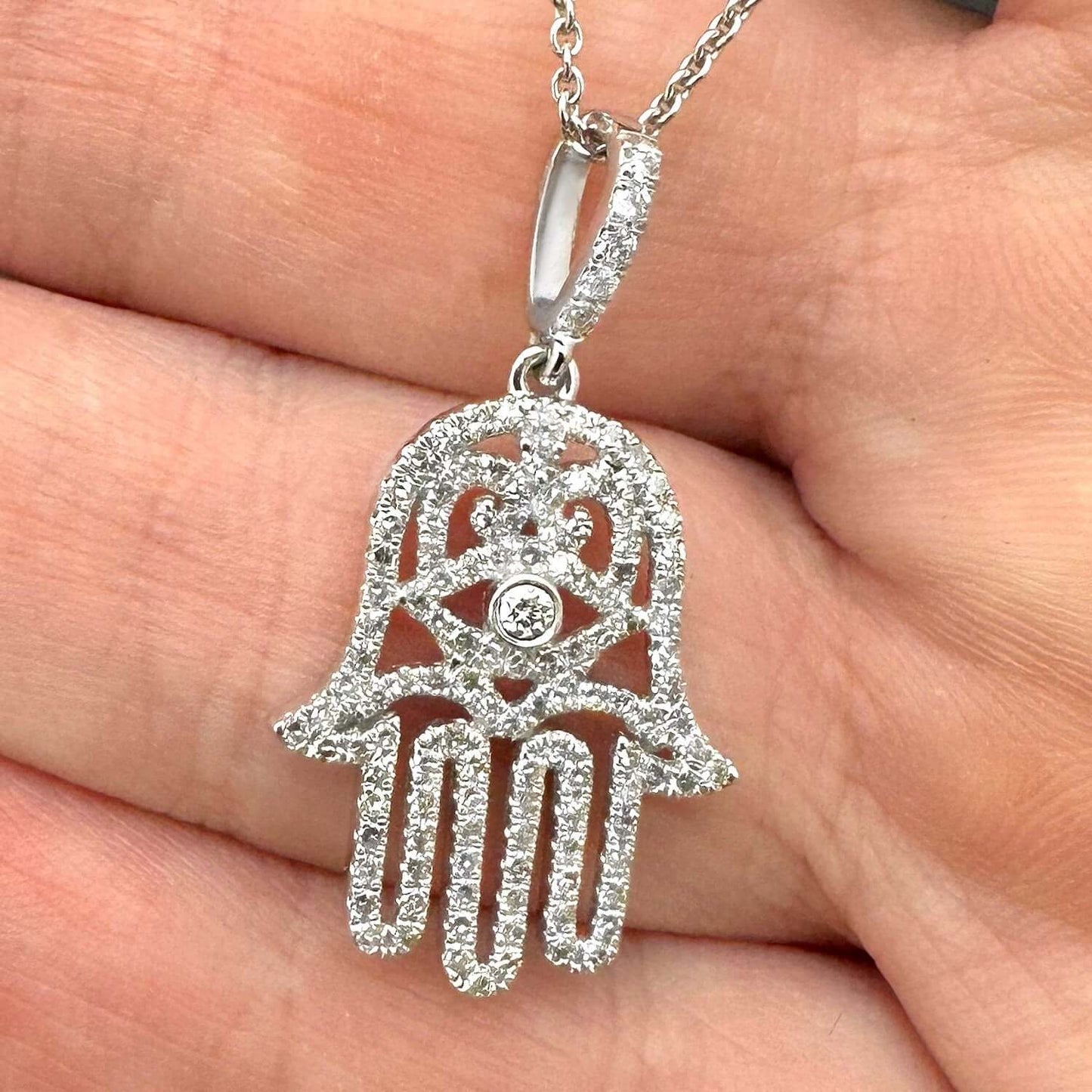 0.52CTW Real Diamond 14K Real Gold White Hamsa Pendant Necklace 16"