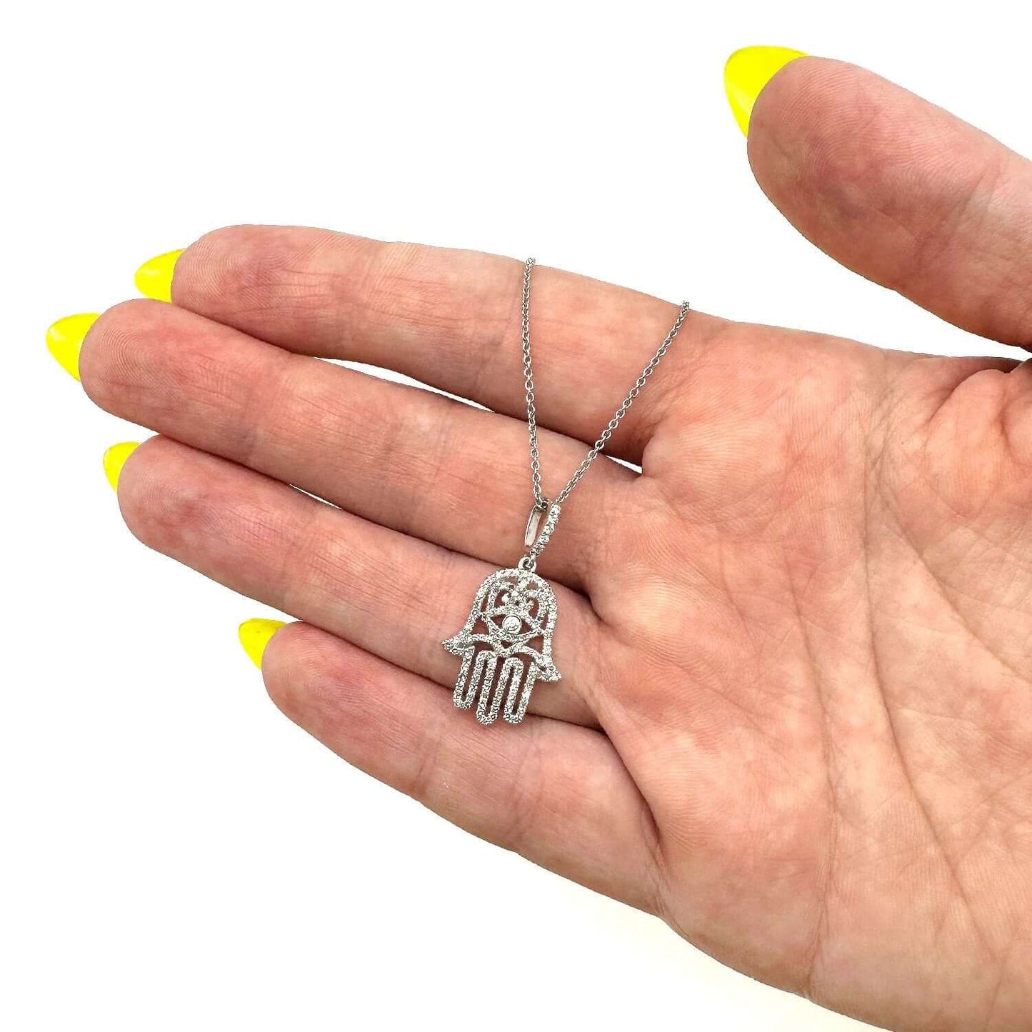0.52CTW Real Diamond 14K Real Gold White Hamsa Pendant Necklace 16"