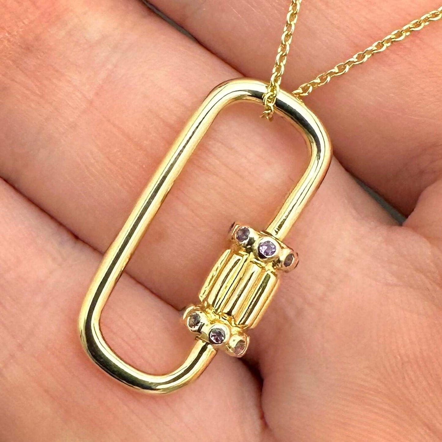 14K Gold Purple CZ Carabiner Pendant Necklace 16"