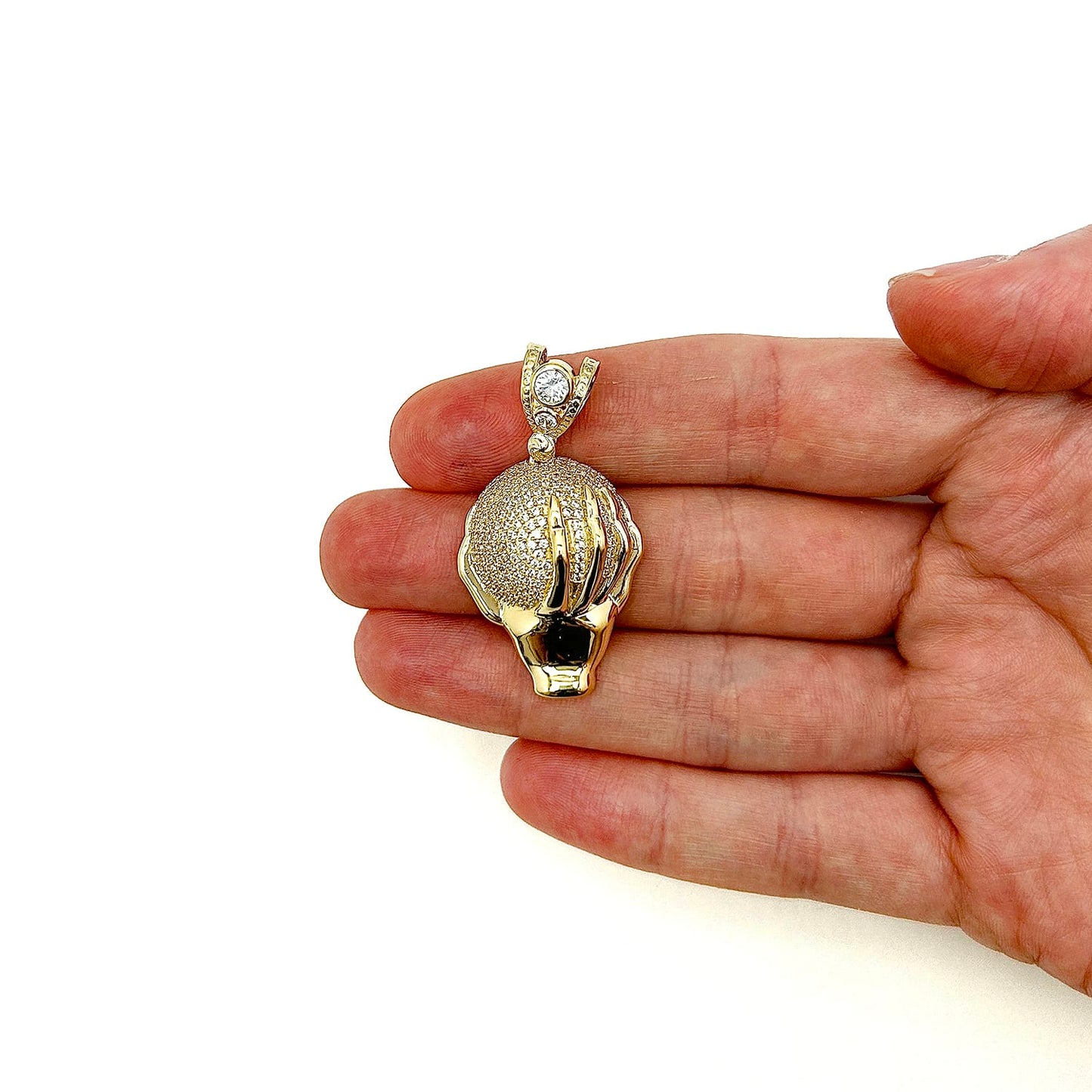 14k Solid Yellow Gold 5Ct CZ World Globe Hand Pendant 1.6"