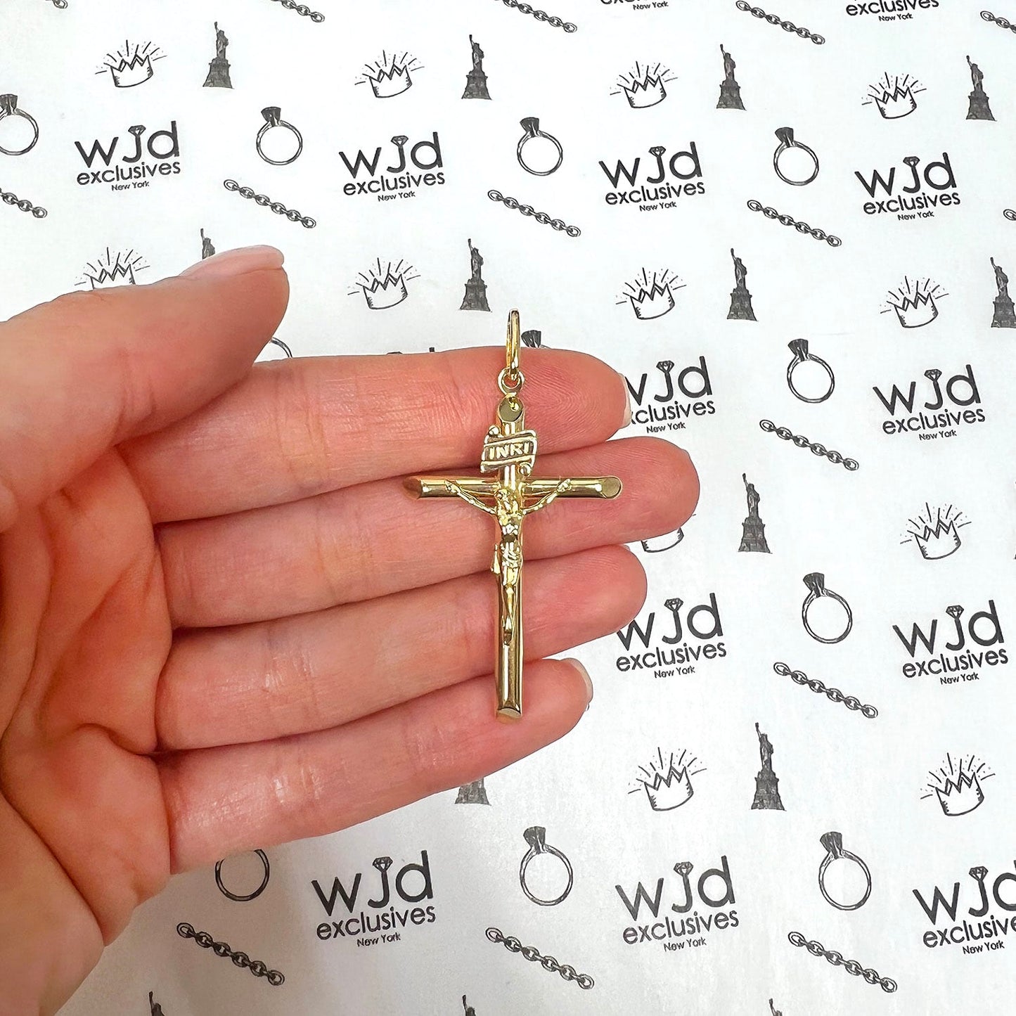 14k Yellow Gold Jesus Crucifix Cross Religious Charm Pendant INRI 2"