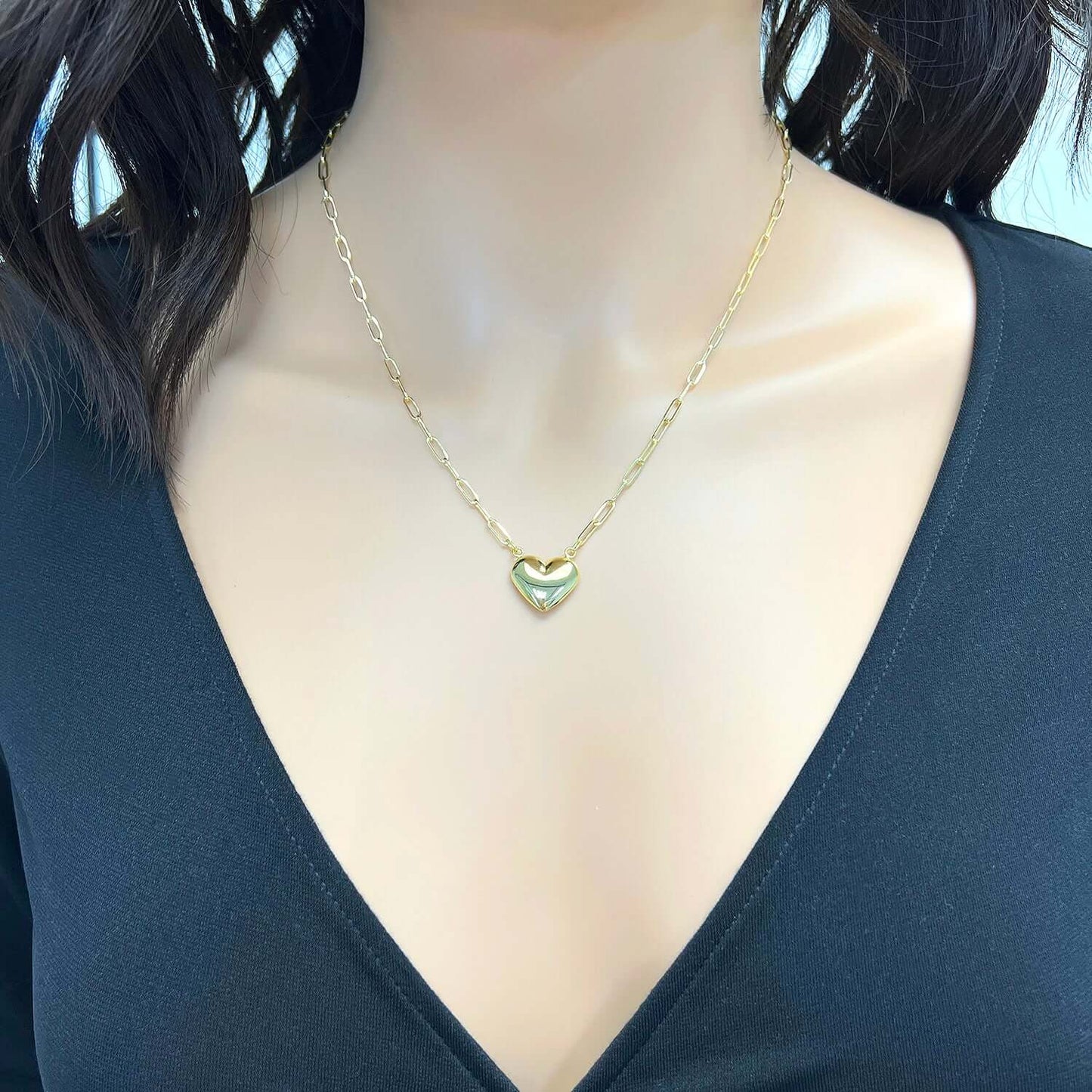14K Yellow Gold Puffed Heart Pendant 2.5mm Paperclip Necklace 18"