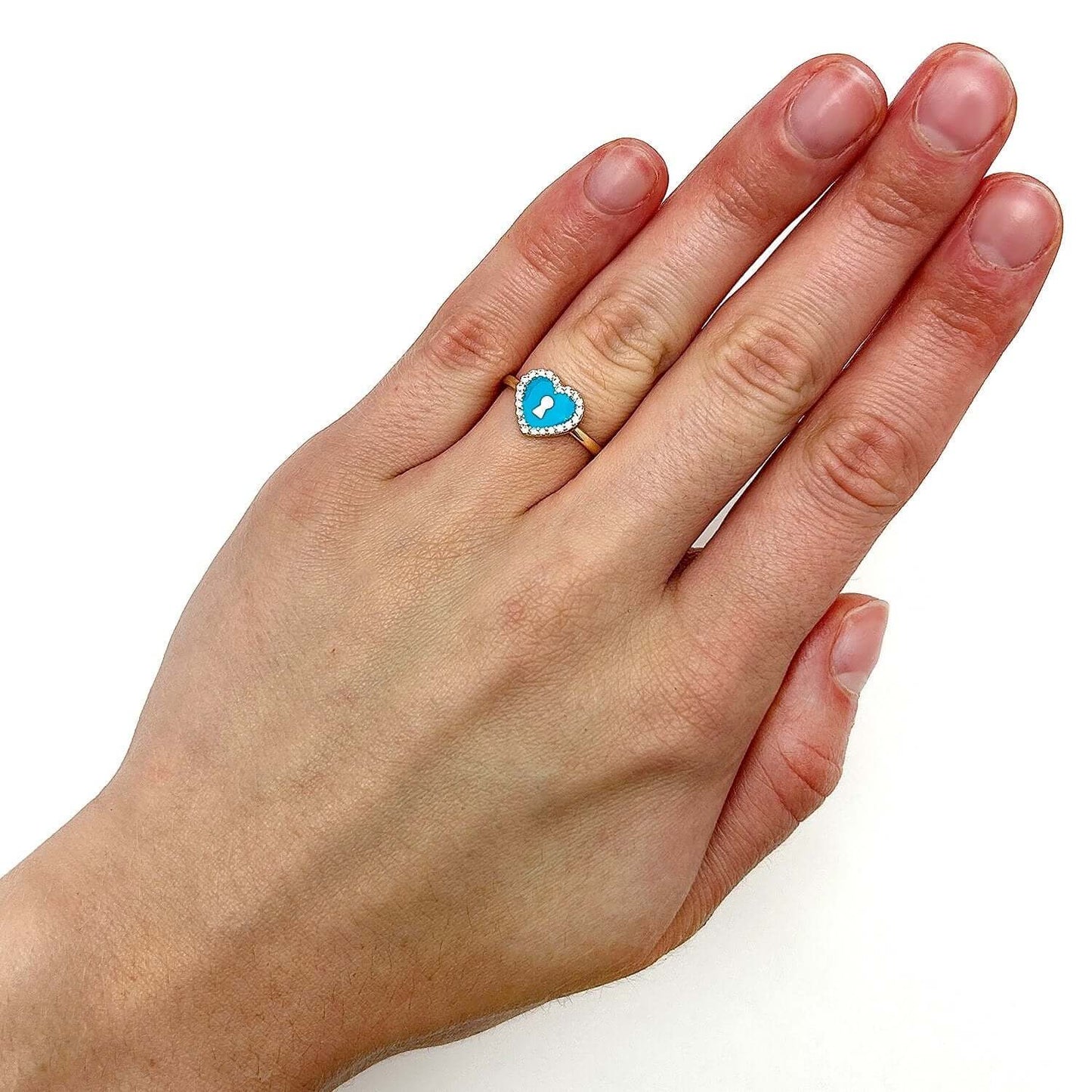 14K Real Gold CZ and Turquoise Enamel Keyhole Heart Ring