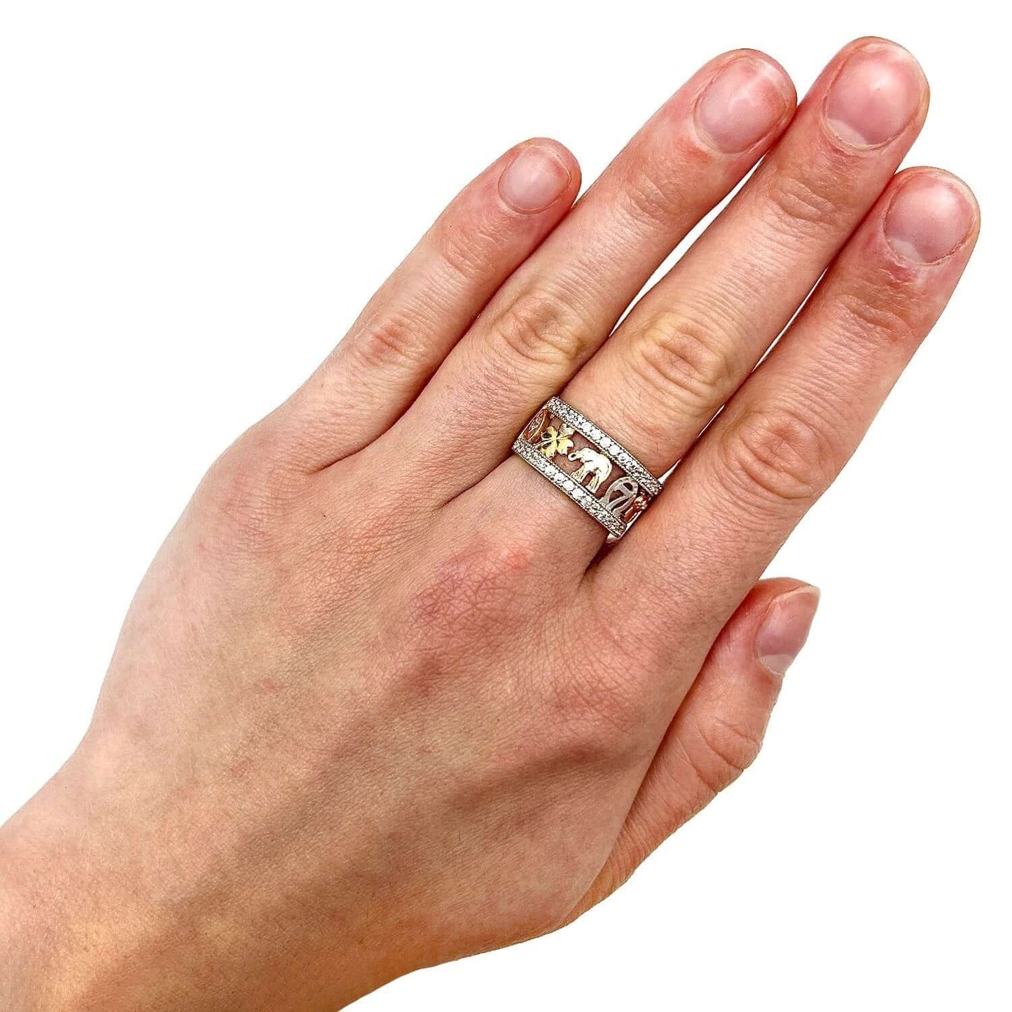 14K Real Gold CZ Elephant Horseshoe 4 Leaf Clover Cocktail Ring
