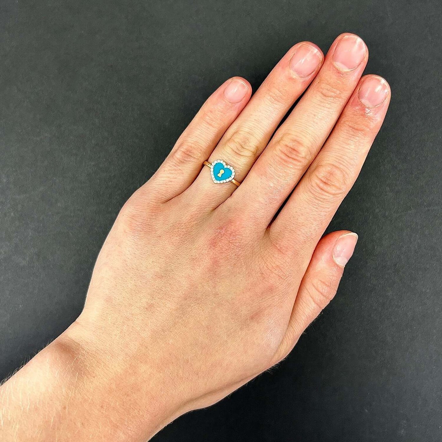 14K Real Gold CZ and Turquoise Enamel Keyhole Heart Ring