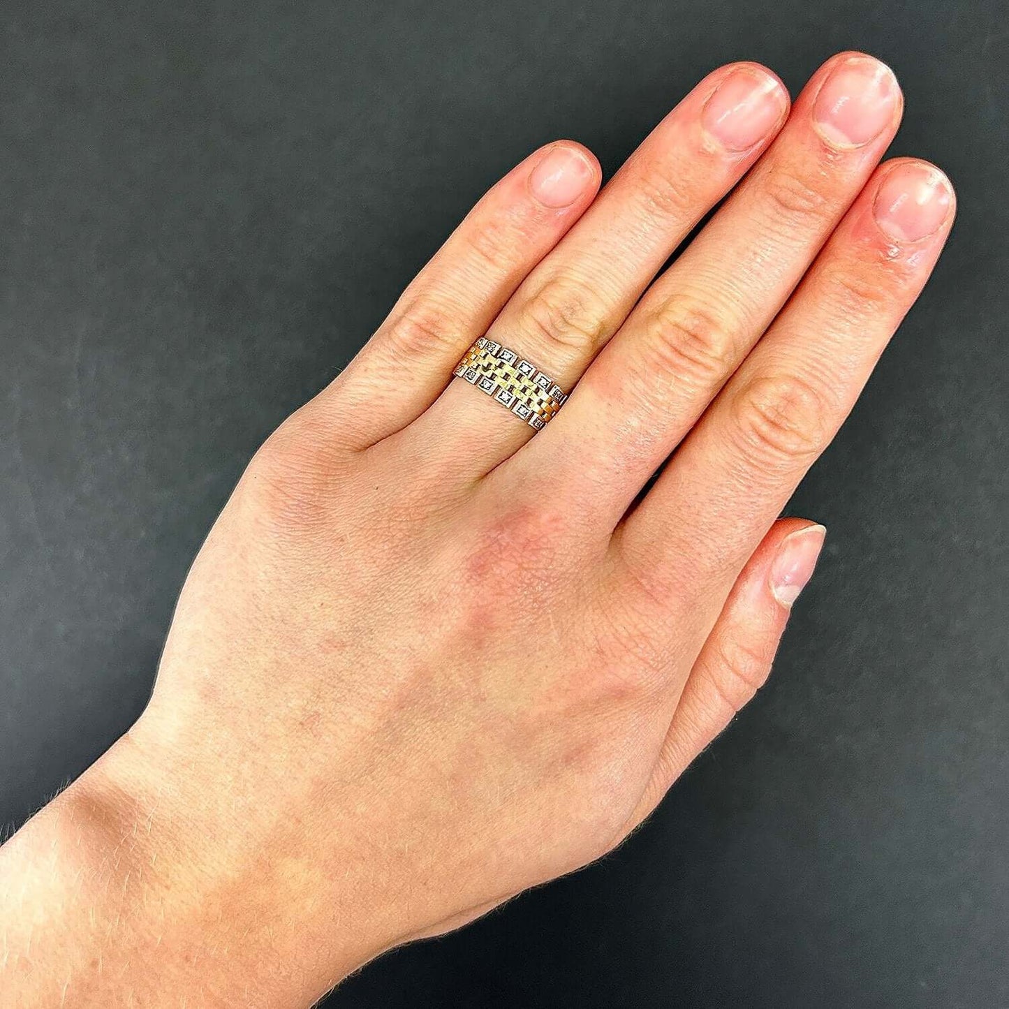 14K Real Two-Tone Gold CZ Woven Lattice Ring (Yellow & White)