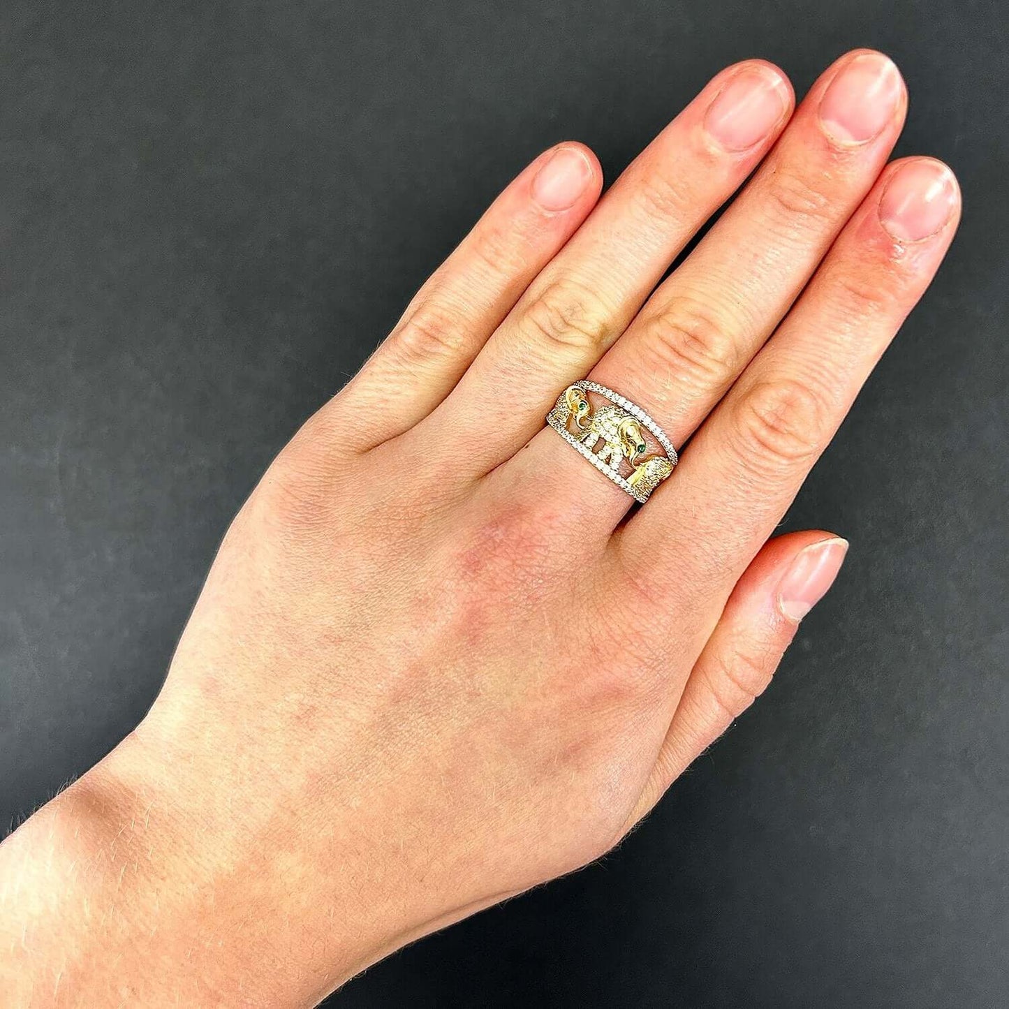 14K Real Gold .51CTW CZ Green Emerald Eyes Elephant Cocktail Ring