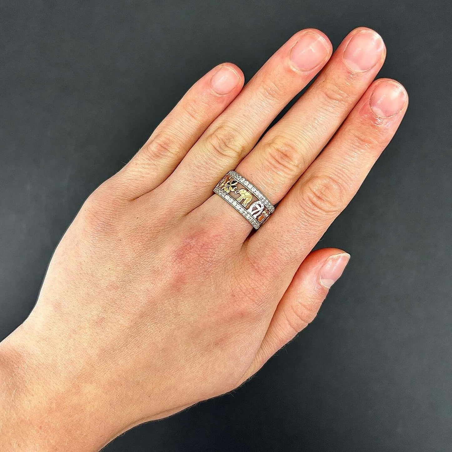 14K Real Gold CZ Elephant Horseshoe 4 Leaf Clover Cocktail Ring