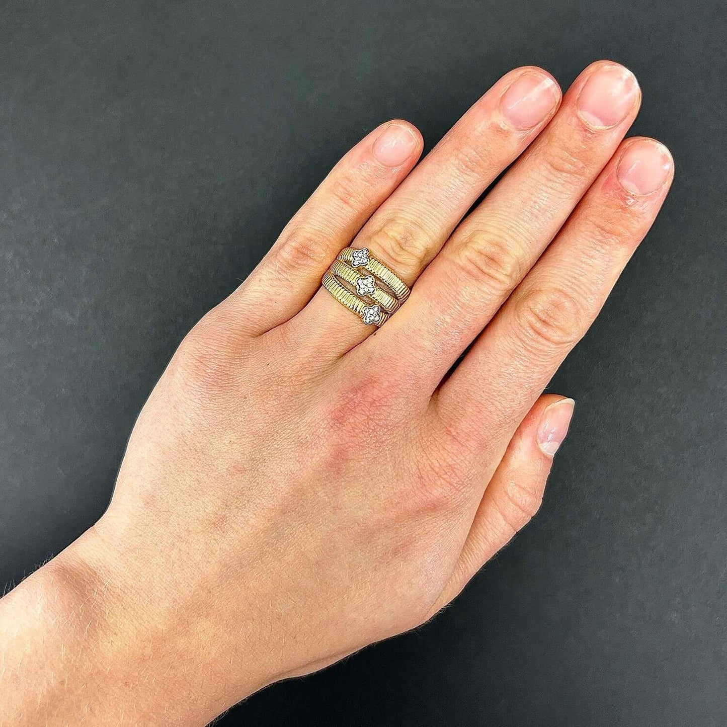 14K Gold CZ Triple Row Clover Cocktail Ring