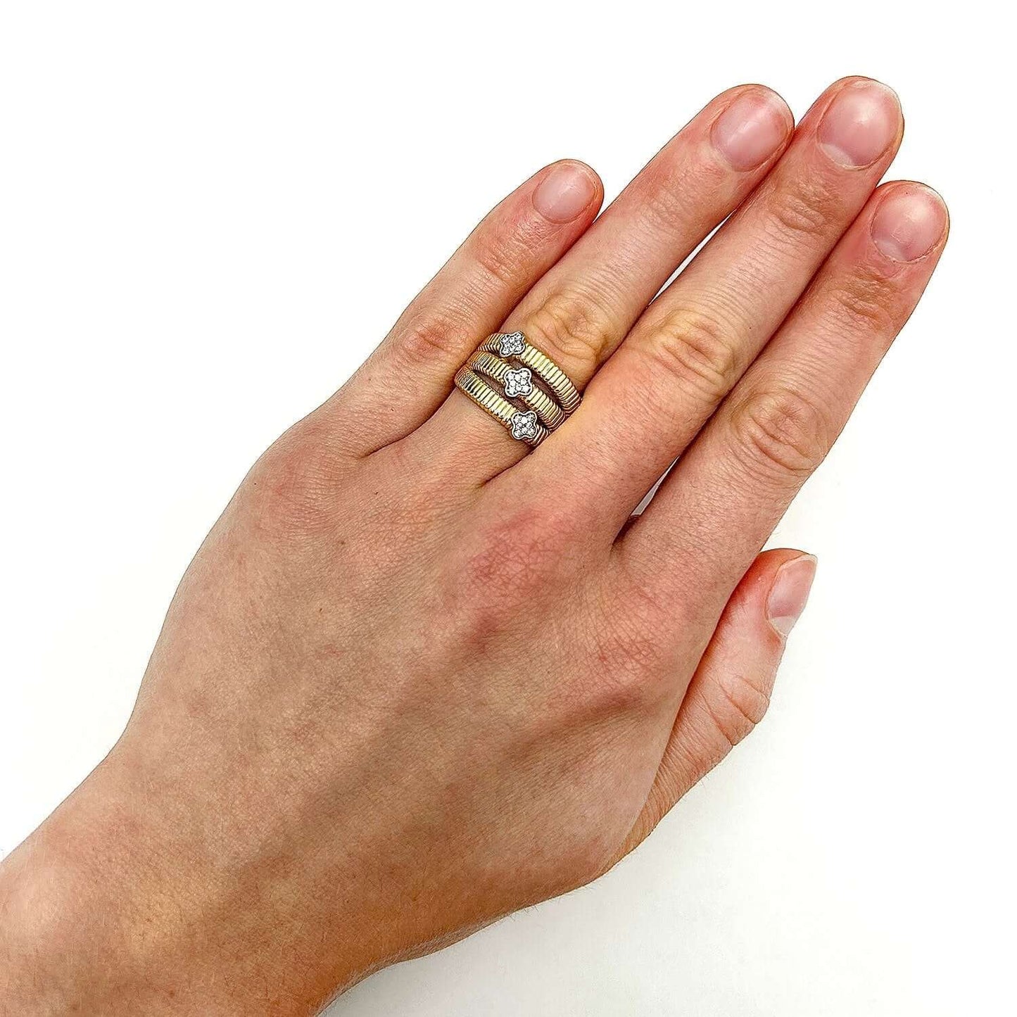 14K Gold CZ Triple Row Clover Cocktail Ring