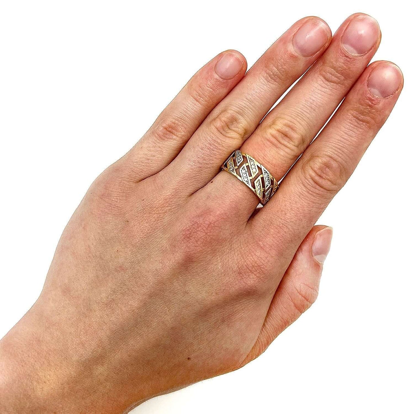 14K Real Gold Two-Tone White CZ Cocktail Ring