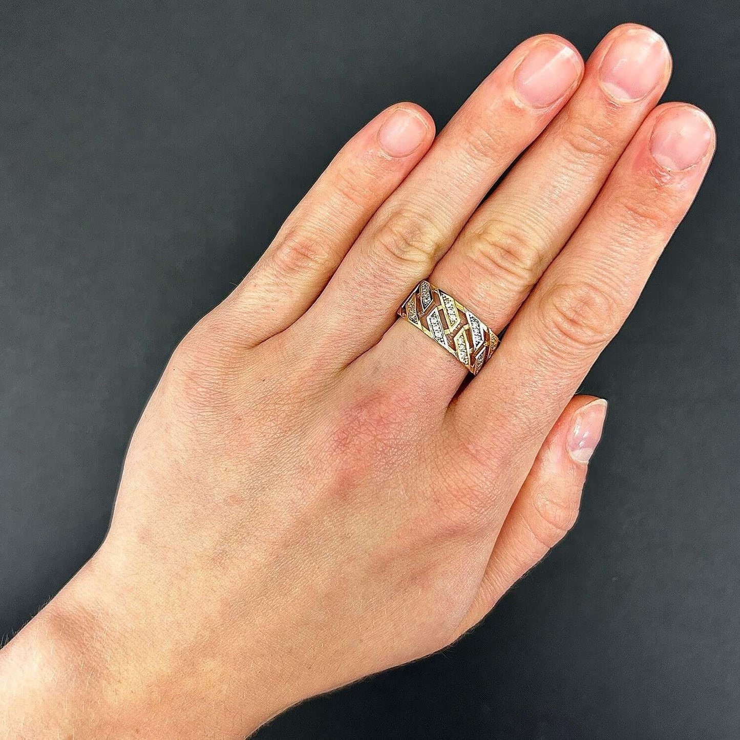 14K Real Gold Two-Tone White CZ Cocktail Ring