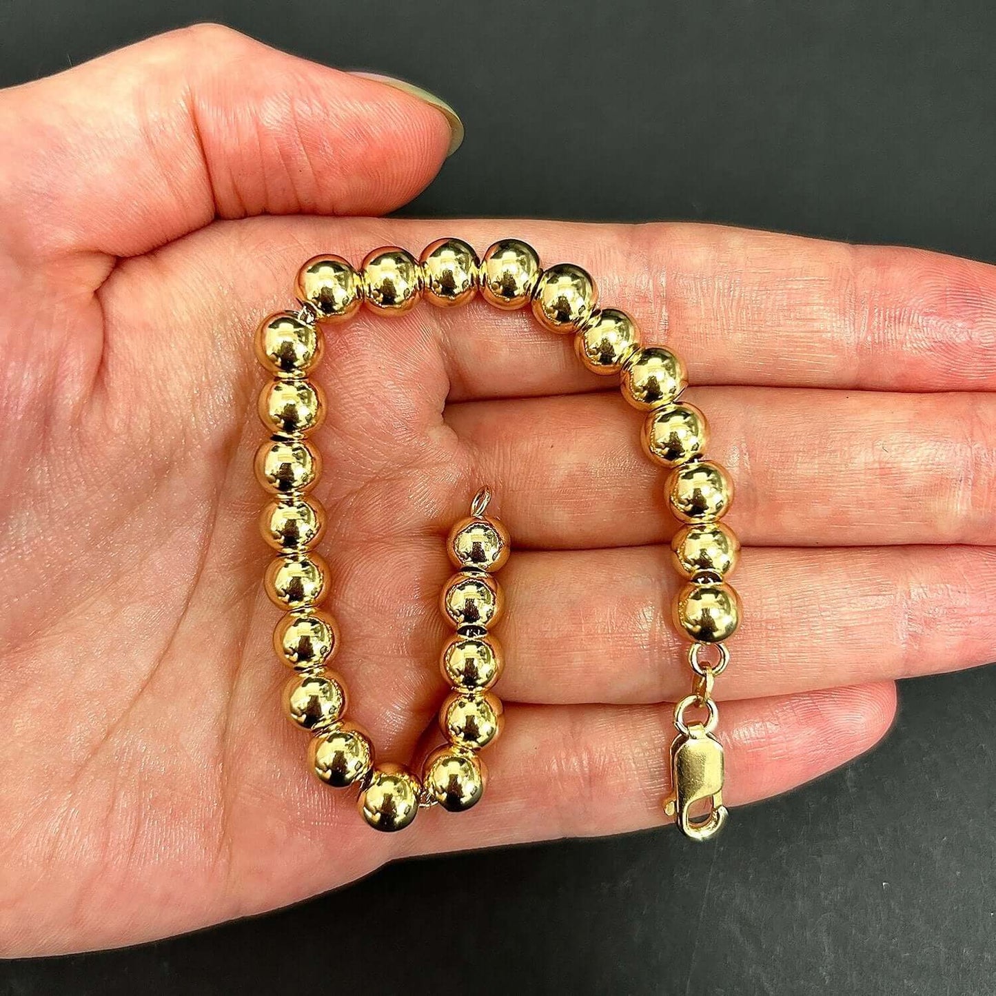 18K Gold Over Sterling Silver 7mm Solid Beaded Graduated Ball Bracelet 7"