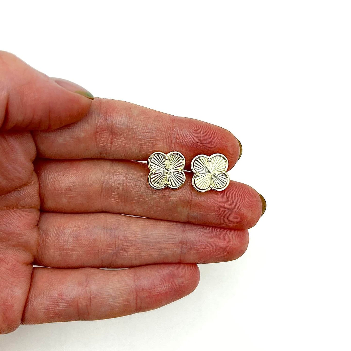 18K Gold Over Sterling Silver Diamond-Cut Clover Leaf Stud Earrings 12mm