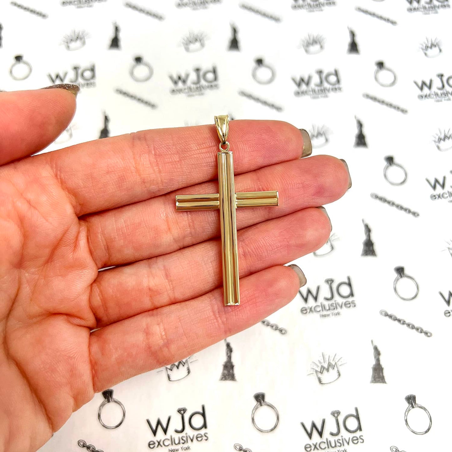 14K Yellow Gold Modern Cross Charm Pendant 1.8"