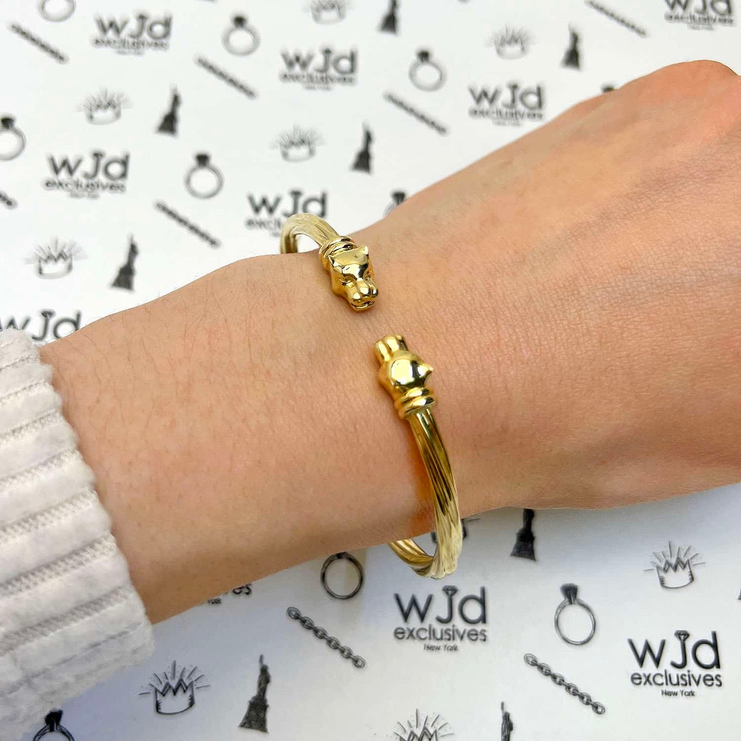 14K Yellow Gold Twisted Tube Panther Head Bangle Bracelet 6.75"