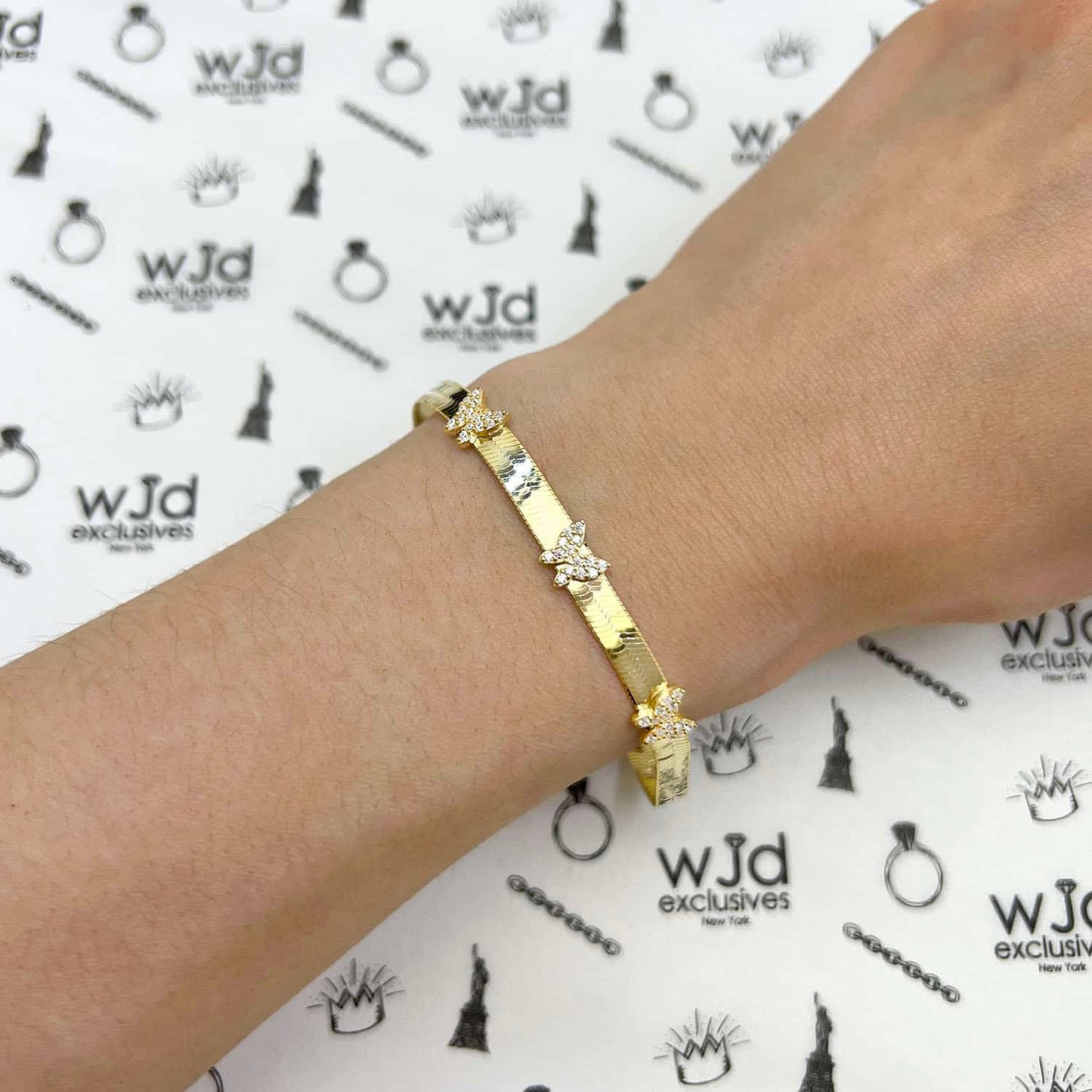 18K Gold Over Silver CZ Butterfly Herringbone Bracelet 7.25"