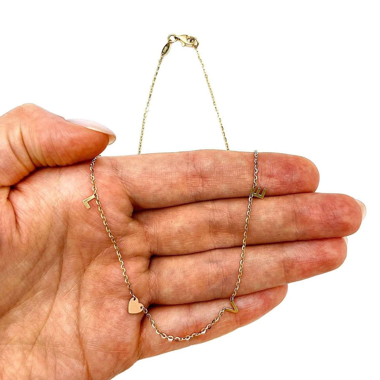 14K Gold Yellow & Rose LOVE Heart Pendant Chain Necklace 16"-18" Adjustable