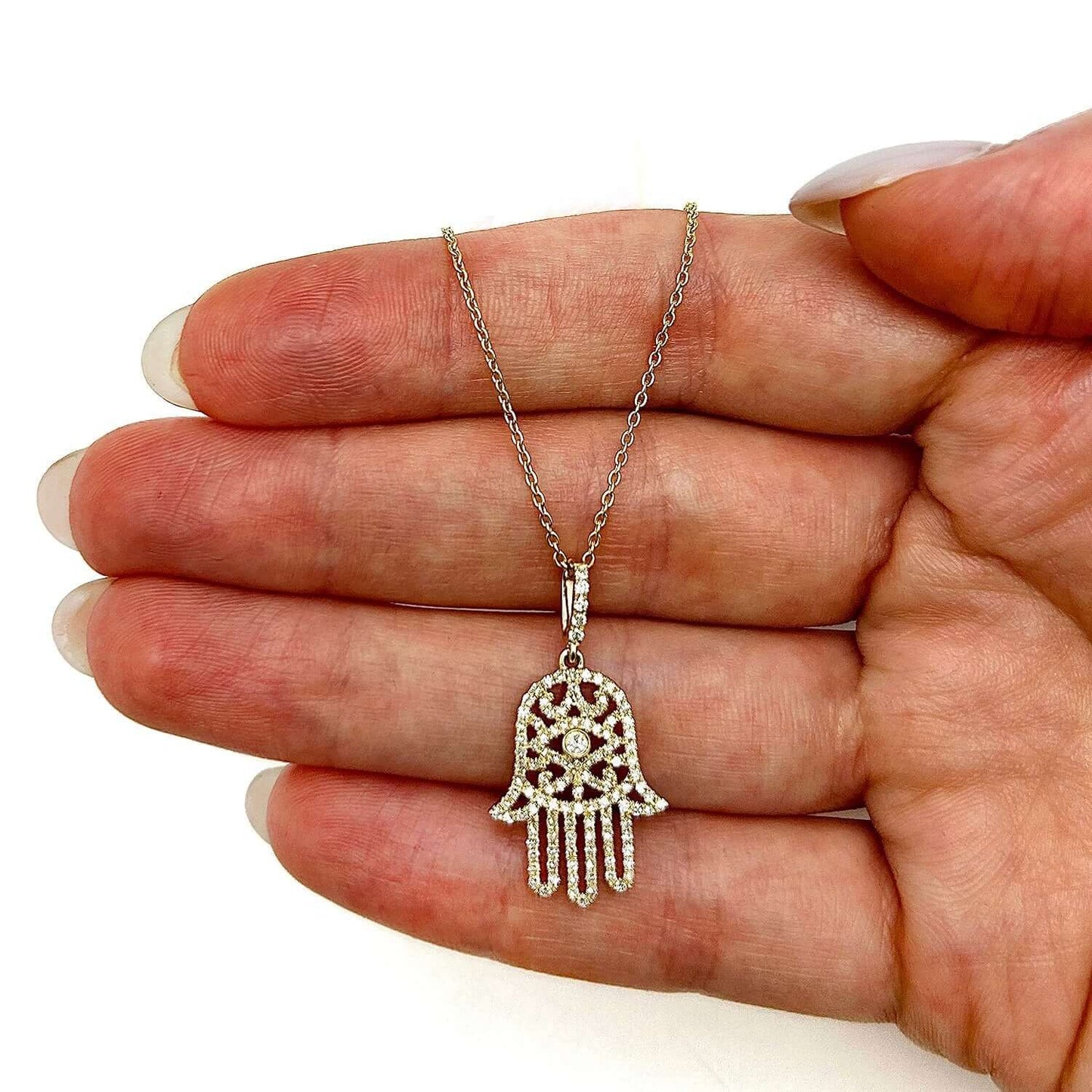0.56CTW Real Diamond 14K Real Gold Hamsa Pendant Necklace 16"