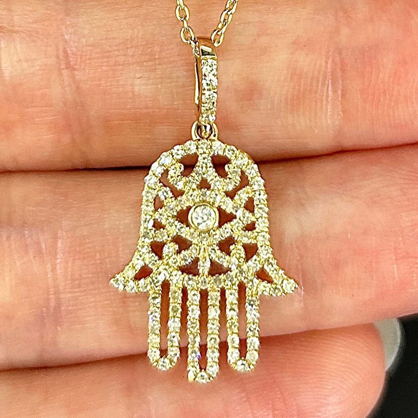 0.56CTW Real Diamond 14K Real Gold Hamsa Pendant Necklace 16"