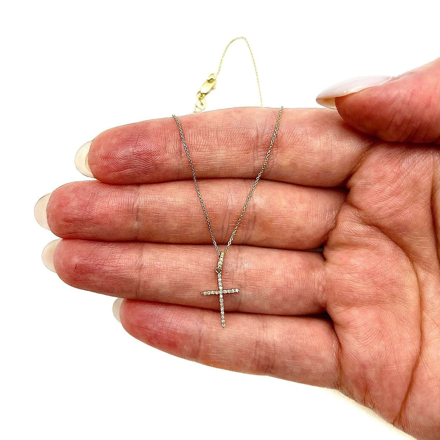 0.08CTW Real Diamond 14K Real Gold Cross Pendant Necklace 16"