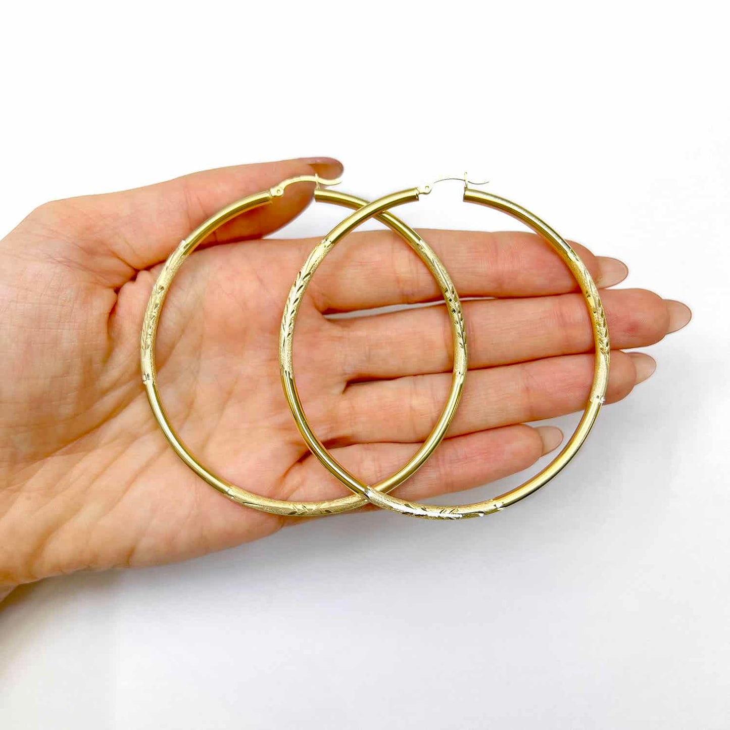 14K Solid Yellow Gold 3mm Thick Diamond-Cut Hoop Earrings 2.7"
