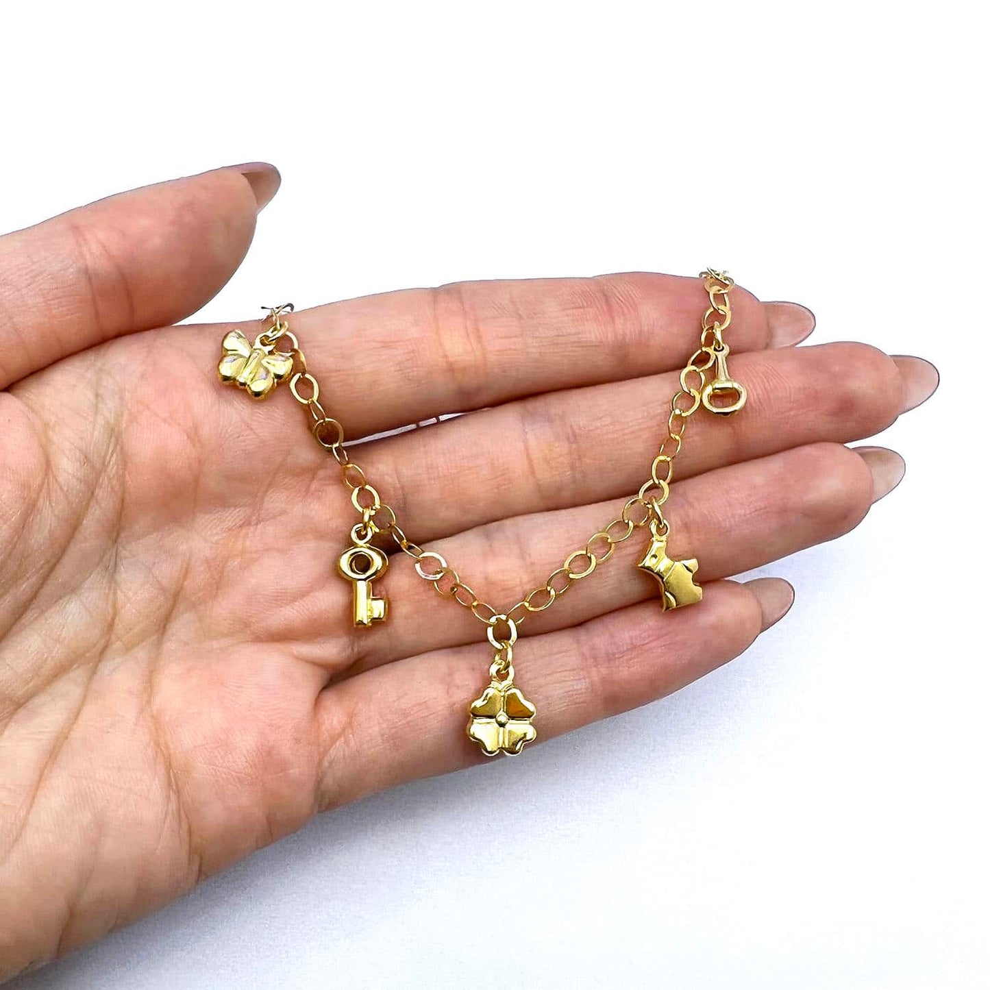 18K Yellow Gold Over Silver 3.5mm Lucky Charms Bracelet Anklet 9"-10" Adjustable