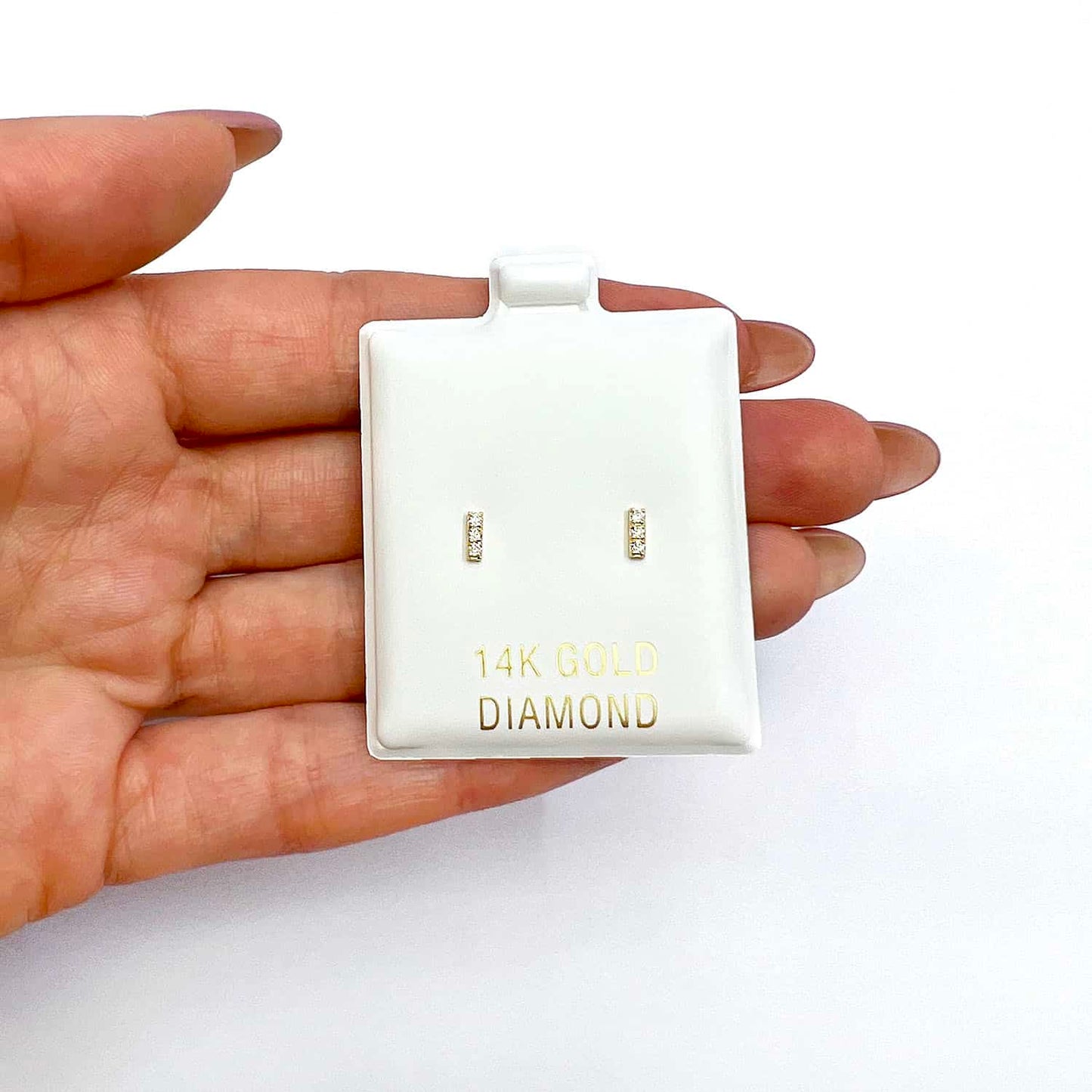 0.08CTW Real Diamond 14K Gold Mini 3-Stone Bar Stud Earrings 5mm
