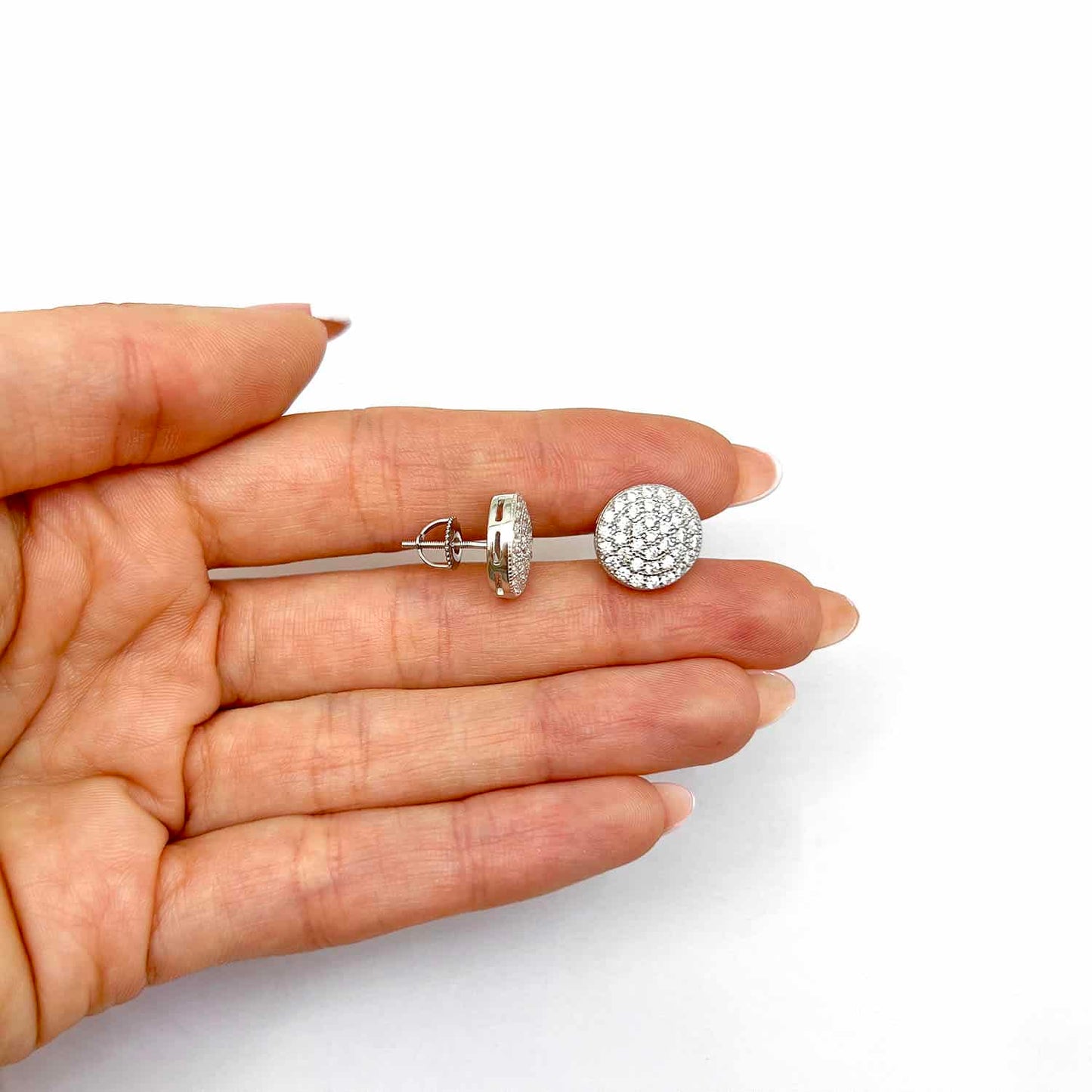 Sterling Silver CZ Pave Round Screw Back Stud Earrings 12mm