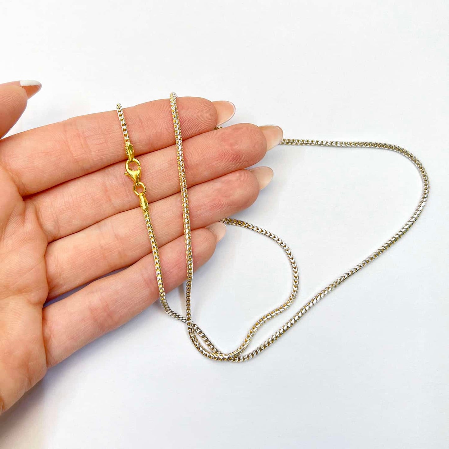 Solid 18K Yellow Gold Over Silver 1.4mm White Pave Franco Chain Necklace 16-24"