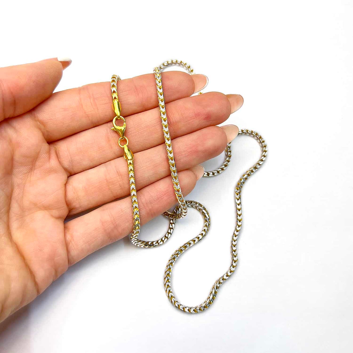 Solid 18K Yellow Gold Over Silver 2mm White Pave Franco Chain 18"-24"