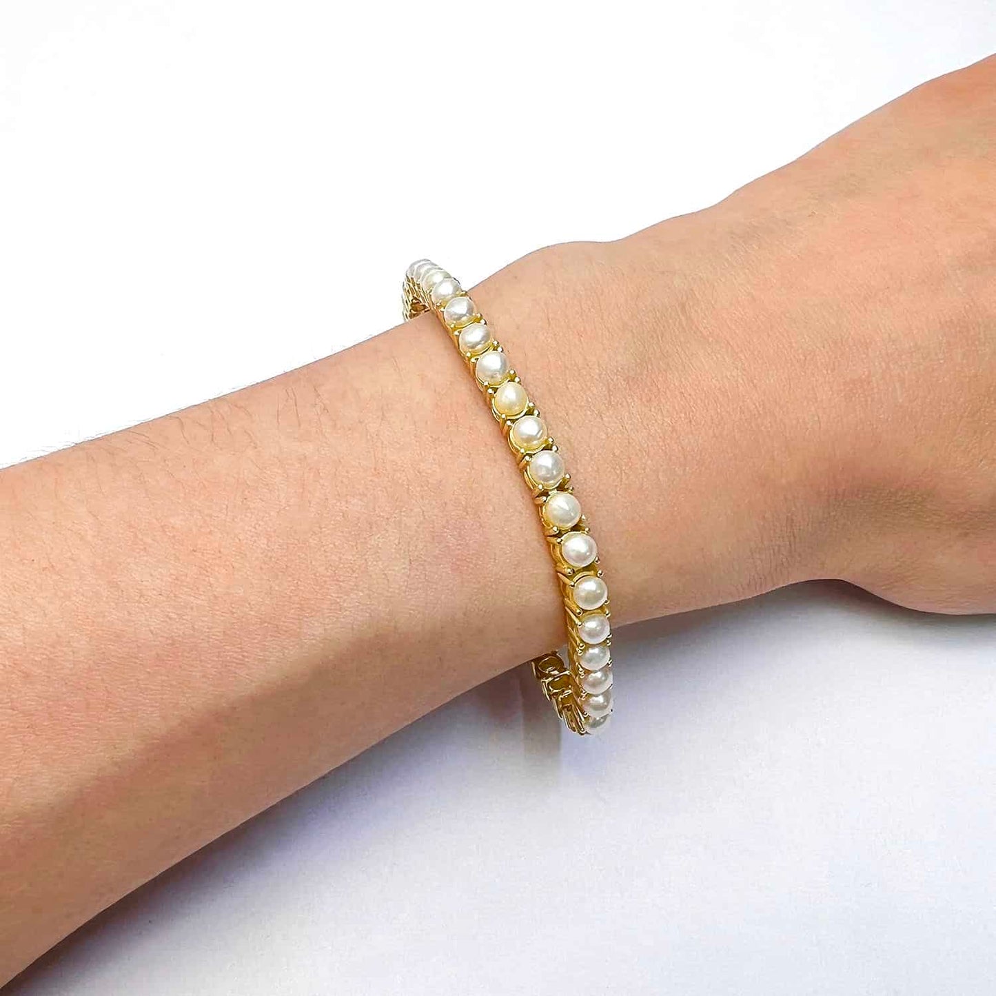 18K Gold Over Silver 4mm Cultured Pearl Tennis Bracelet 7"