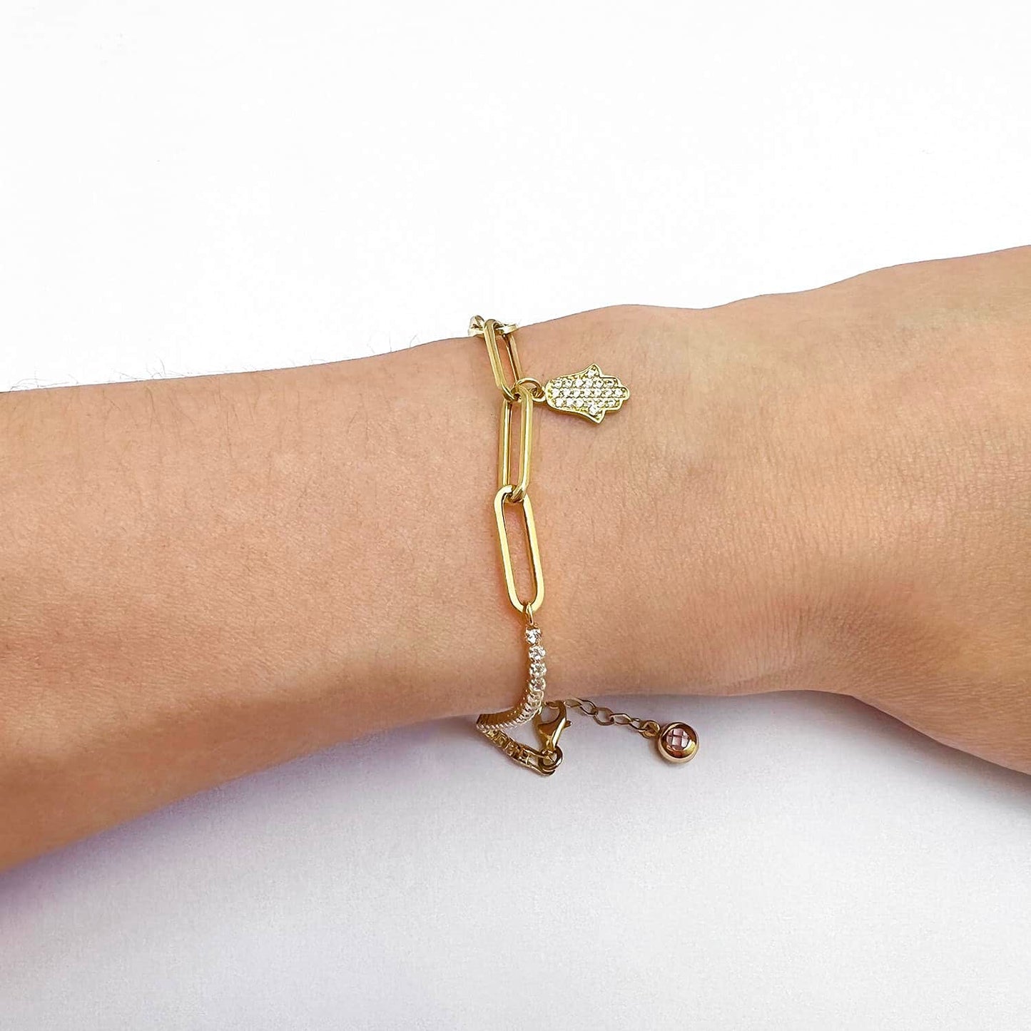 14K Gold Yellow CZ Paperclip Hamsa Charm Tennis Bracelet 7"-7.75"