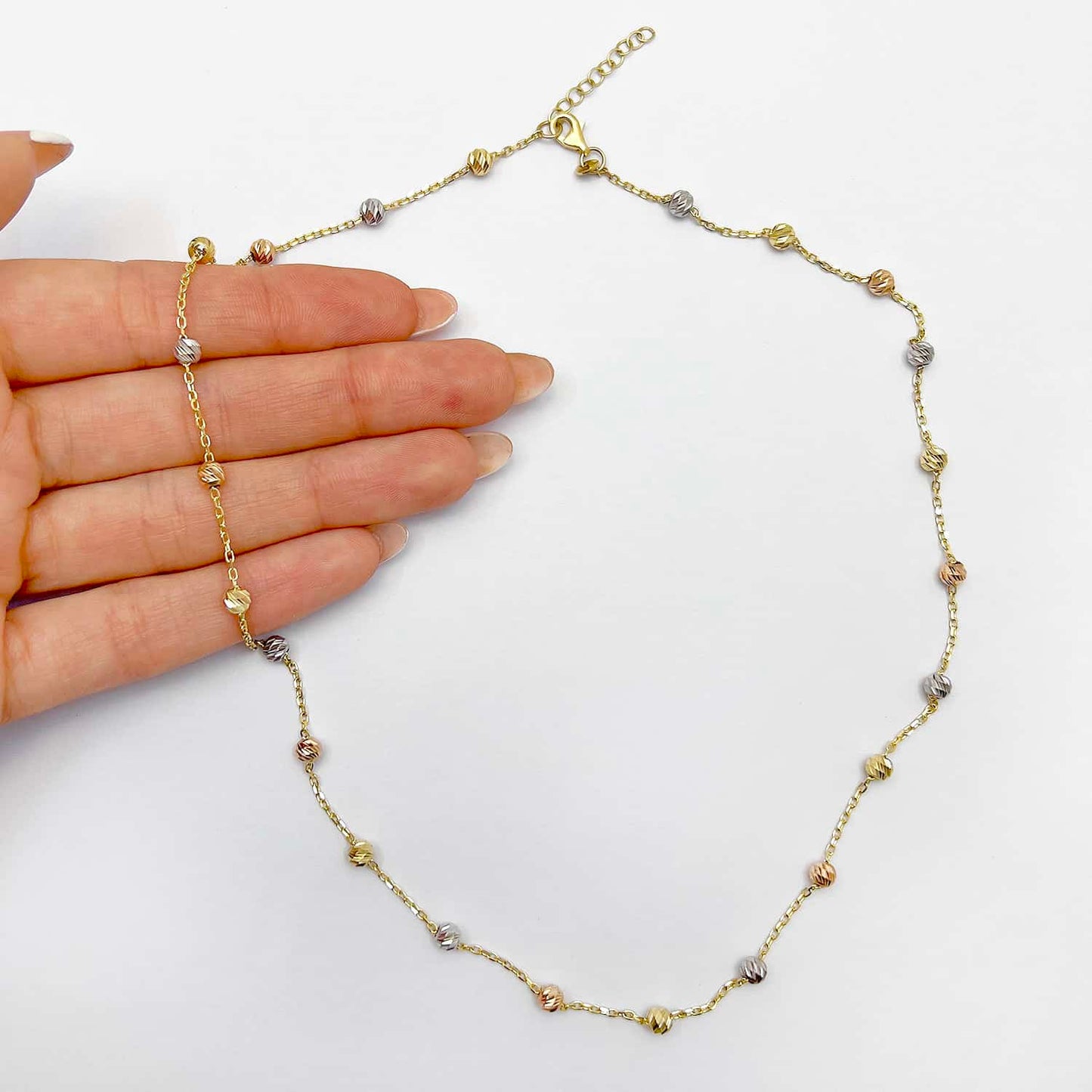 14K Gold Tri-Color Moon-Cut Ball Beads Station Necklace 17.5"-18.5" Adjustable