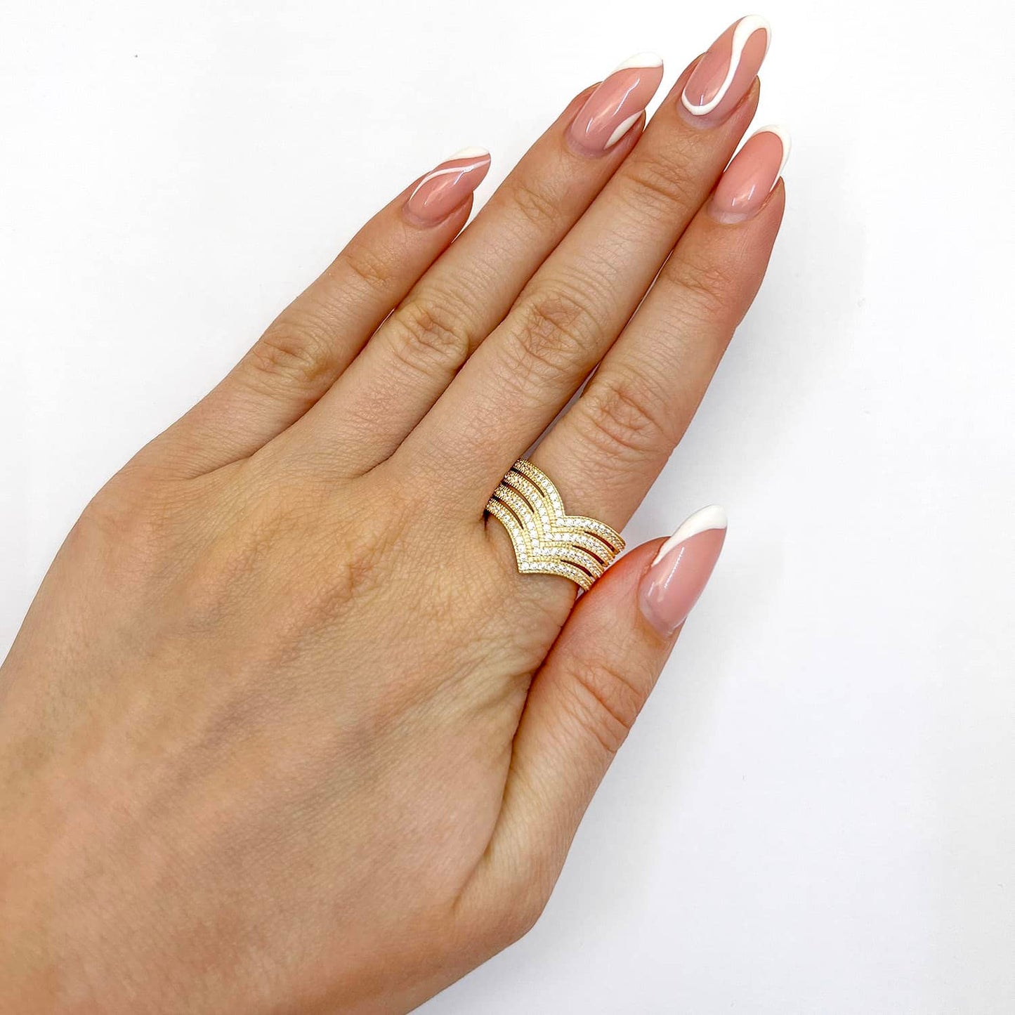 14K Gold Yellow CZ Pointed Chevron V-Shape Band Ring