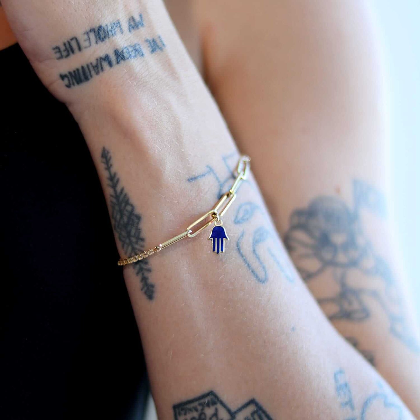 14K Gold Yellow CZ Paperclip Hamsa Charm Tennis Bracelet 7"-7.5"