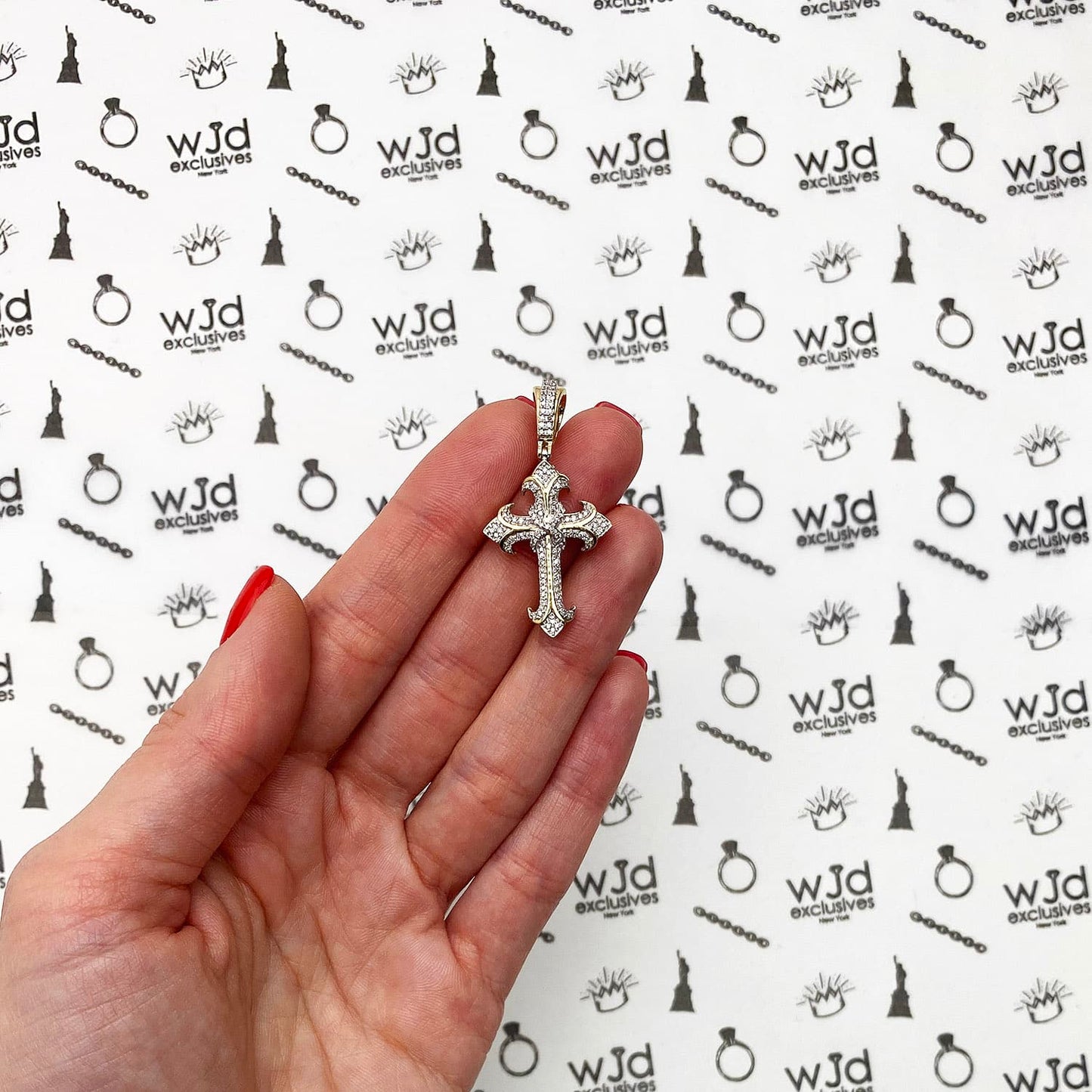 0.42CT TW. Real Diamond Religious Cross Pendant 10K Yellow Gold 0.75"