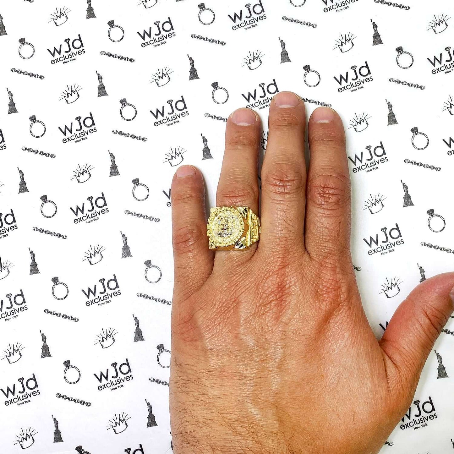 10K Gold Yellow With White Gold Accents Diamond Cut Medusa Head Signet Ring