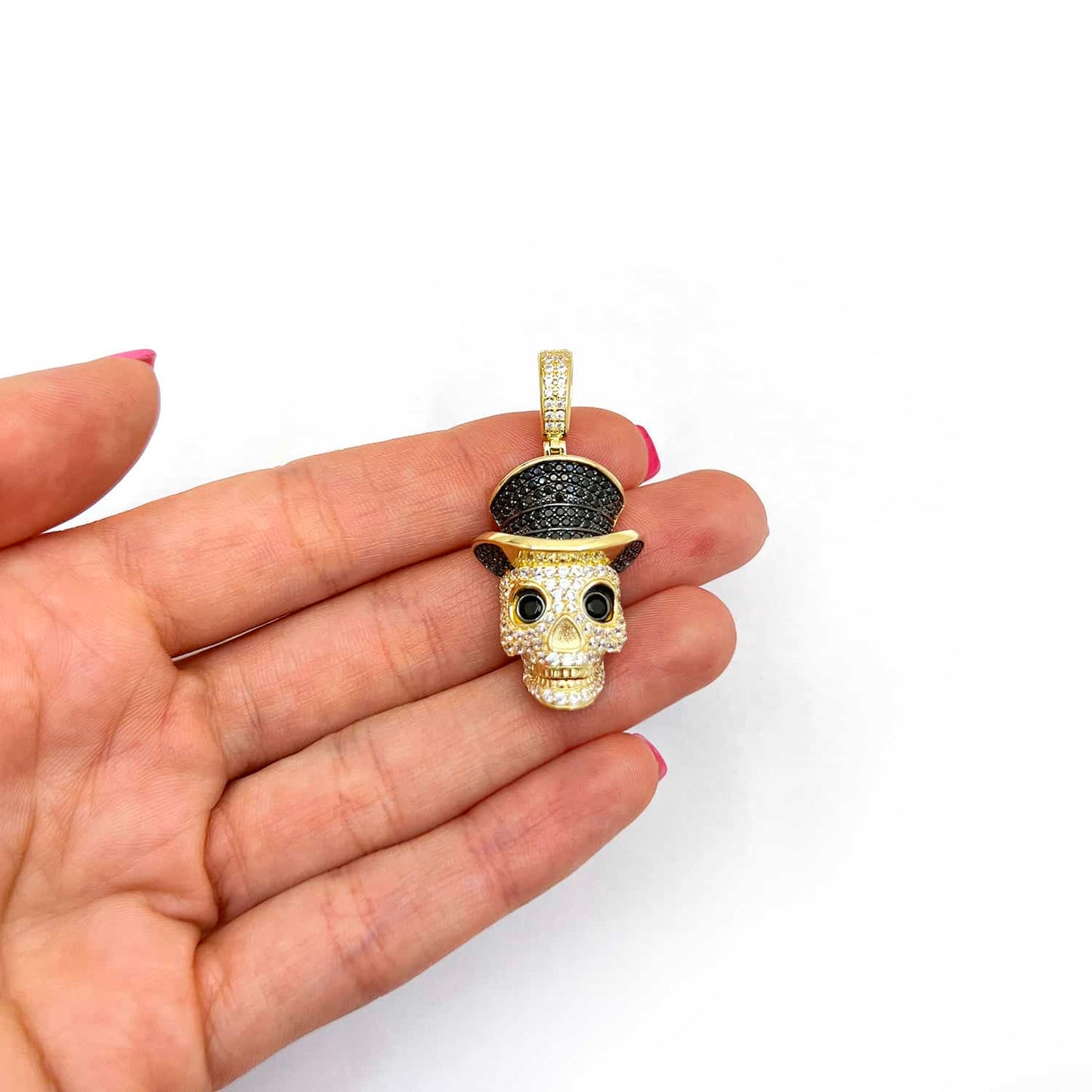 14K Yellow Gold CZ Pave Skull Irish Magician Hat Pendant 1.7"