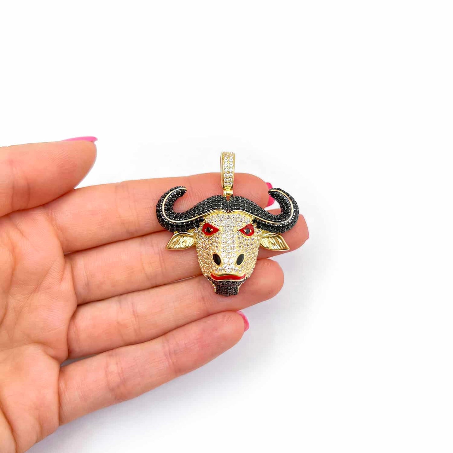 14K Yellow Gold CZ Red Eyes Bull Buffalo Pendant 1.6"